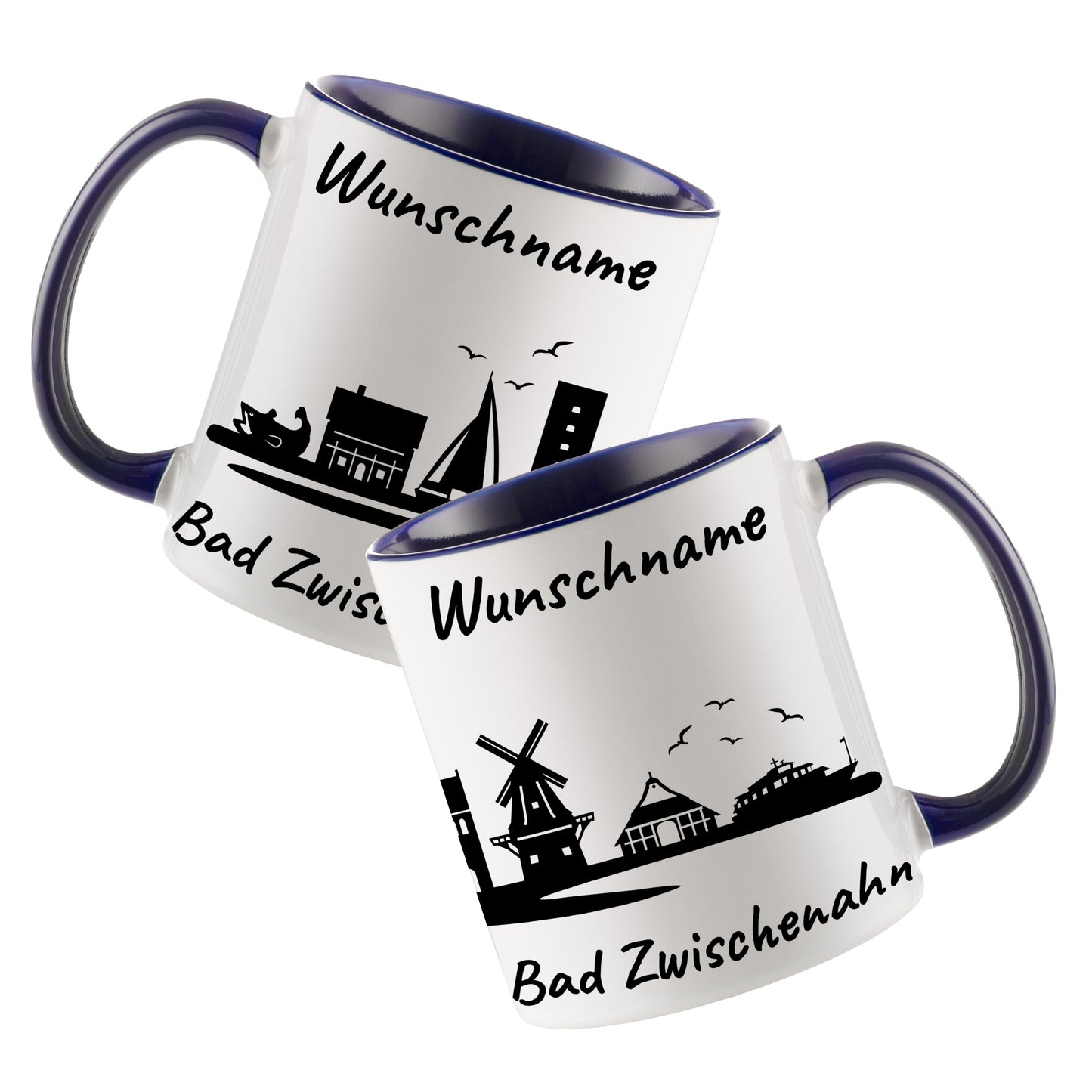 Tasse in Dunkelblau 330ml bedruckt mit der Skyline von Bad Zwischenahn personalisierbar mit Wunschname