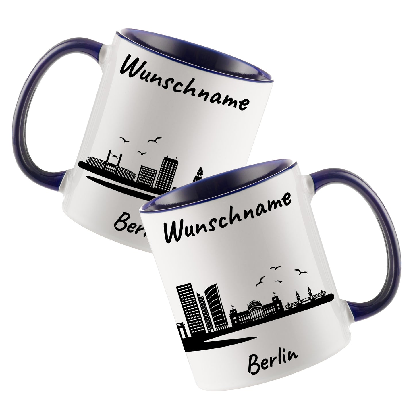 Tasse in Dunkelblau 330ml bedruckt mit der Skyline von Berlin personalisierbar mit Wunschname