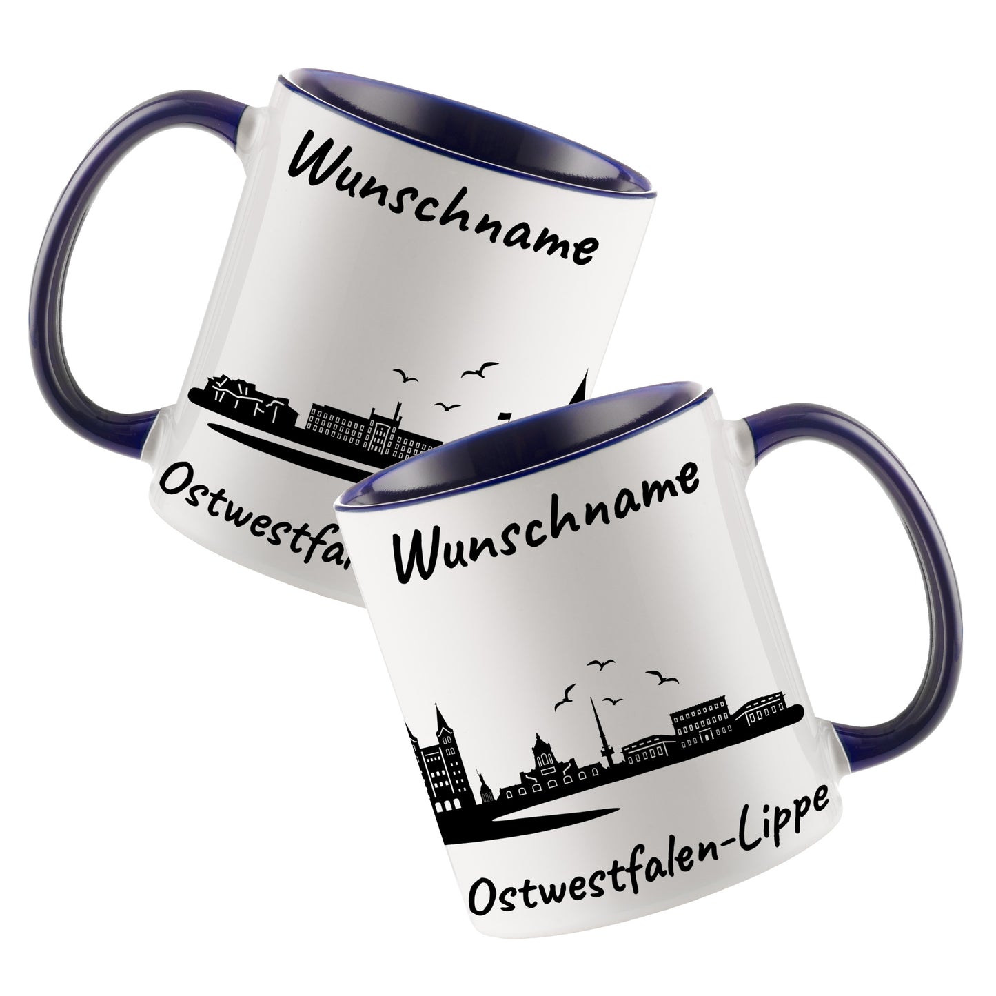 Tasse in Dunkelblau 330ml bedruckt mit der Skyline von Ostwestfalen-Lippe personalisierbar mit Wunschname