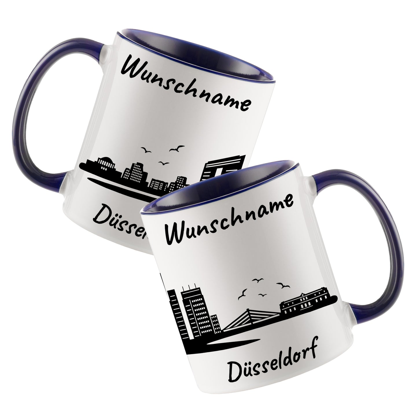 Tasse in Dunkelblau 330ml bedruckt mit der Skyline von Düsseldorf personalisierbar mit Wunschname