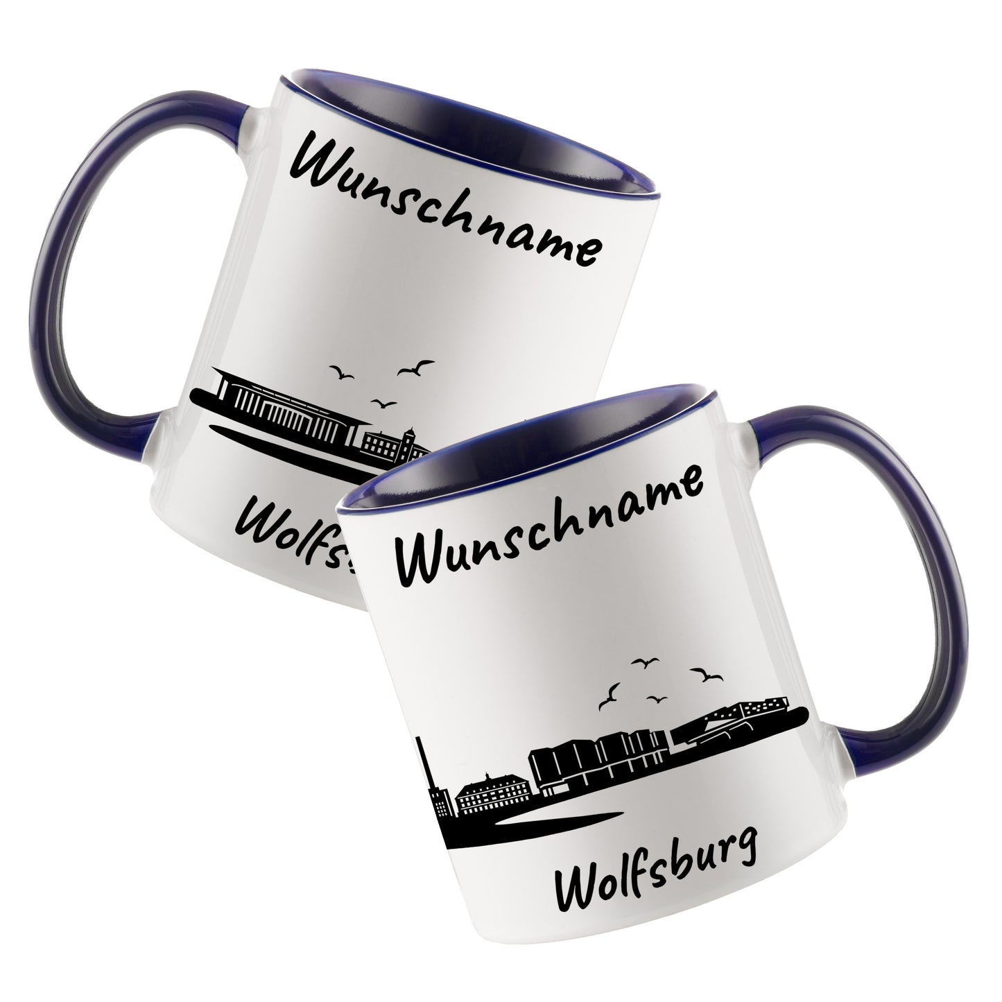 Tasse in Dunkelblau 330ml bedruckt mit der Skyline von Wolfsburg personalisierbar mit Wunschname