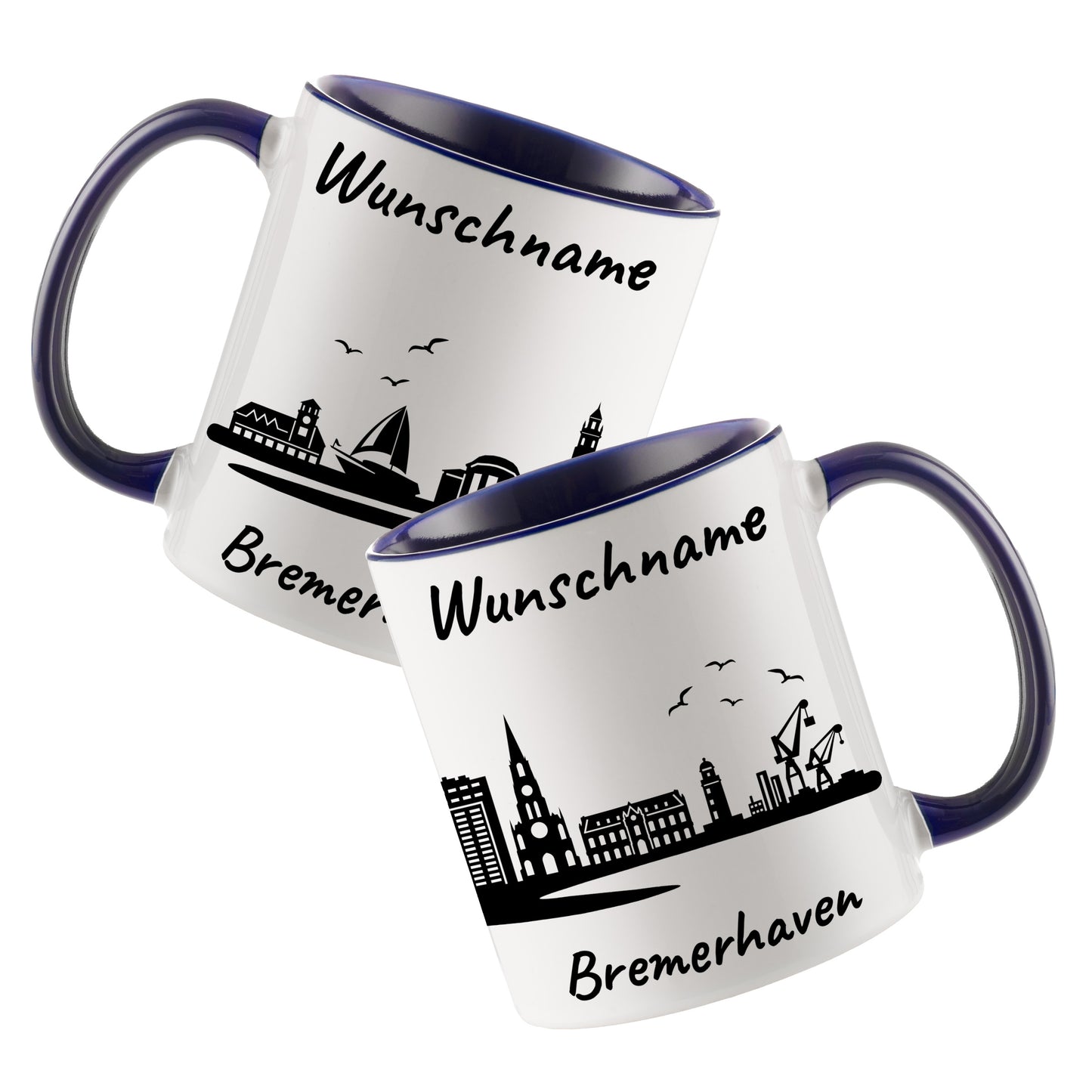 Tasse in Dunkelblau 330ml bedruckt mit der Skyline von Bremerhaven personalisierbar mit Wunschname