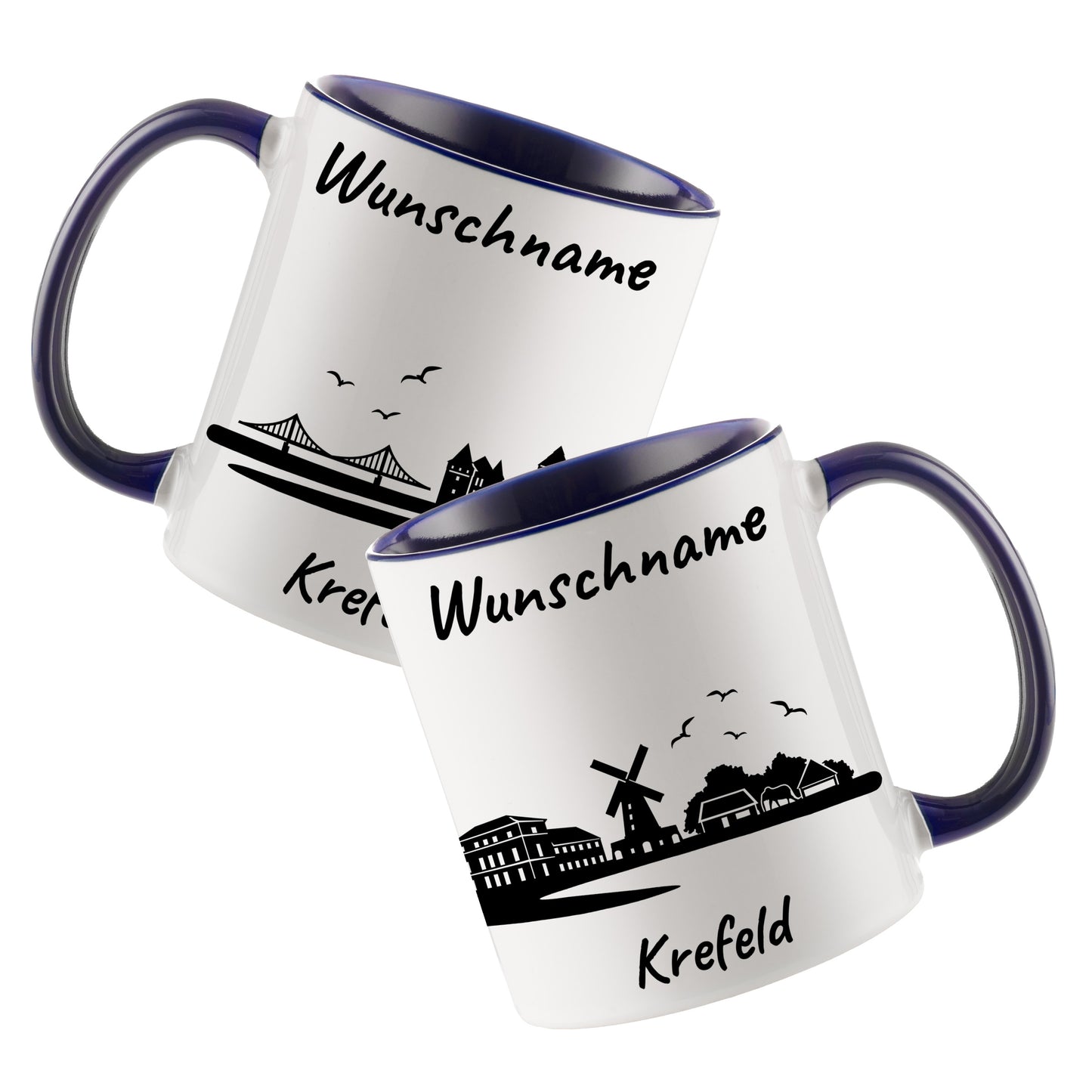 Tasse in Dunkelblau 330ml bedruckt mit der Skyline von Krefeld personalisierbar mit Wunschname