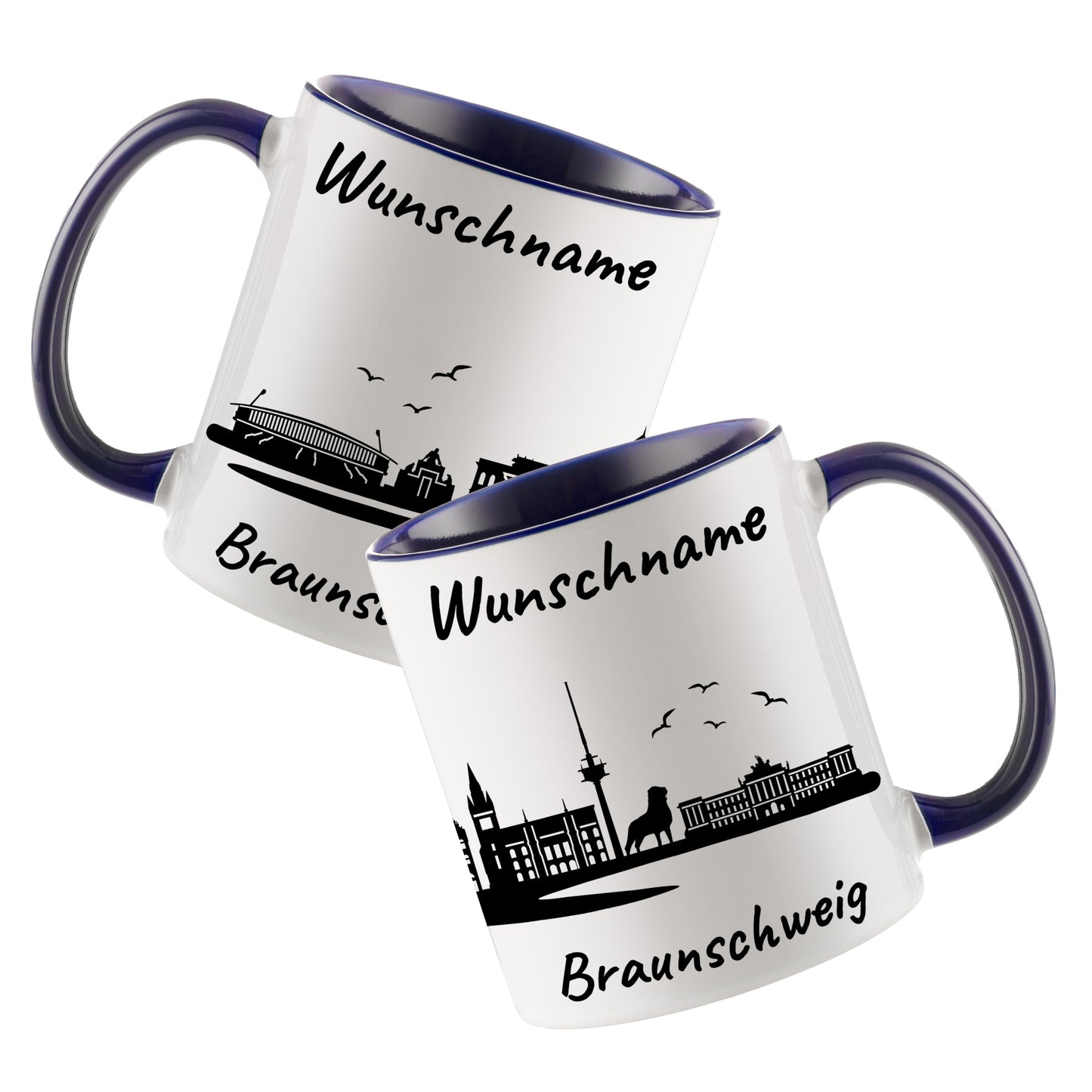 Tasse in Dunkelblau 330ml bedruckt mit der Skyline von Braunschweig personalisierbar mit Wunschname