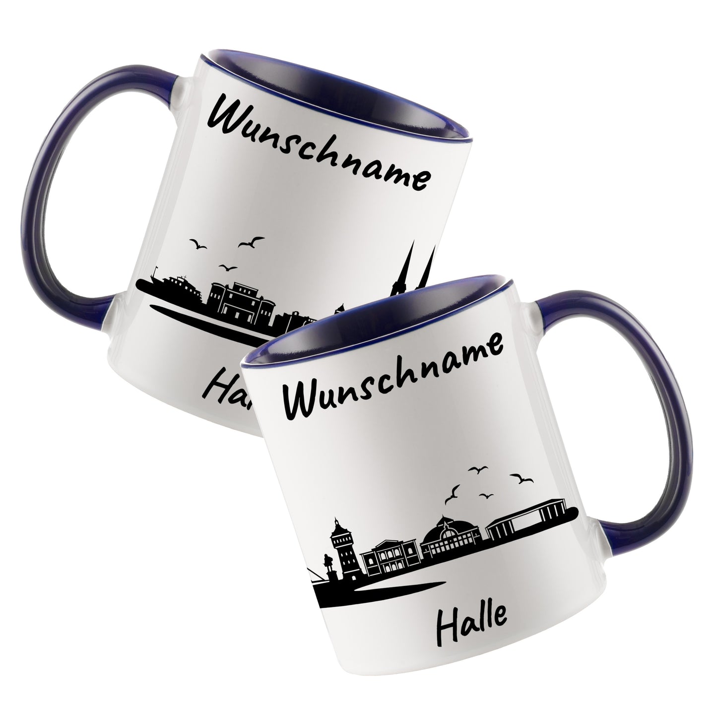 Tasse in Dunkelblau 330ml bedruckt mit der Skyline von Halle personalisierbar mit Wunschname