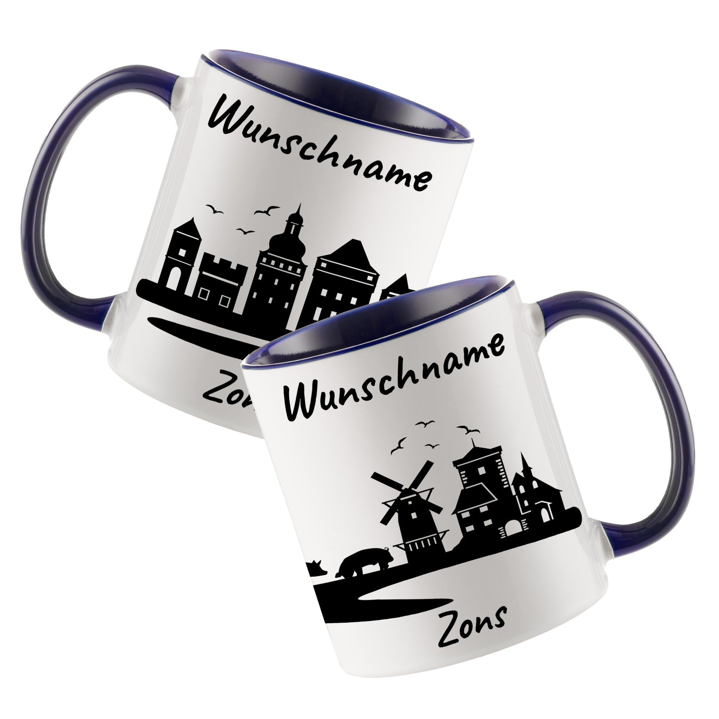 Tasse in Dunkelblau 330ml bedruckt mit der Skyline von Zons (Dormagen) personalisierbar mit Wunschname