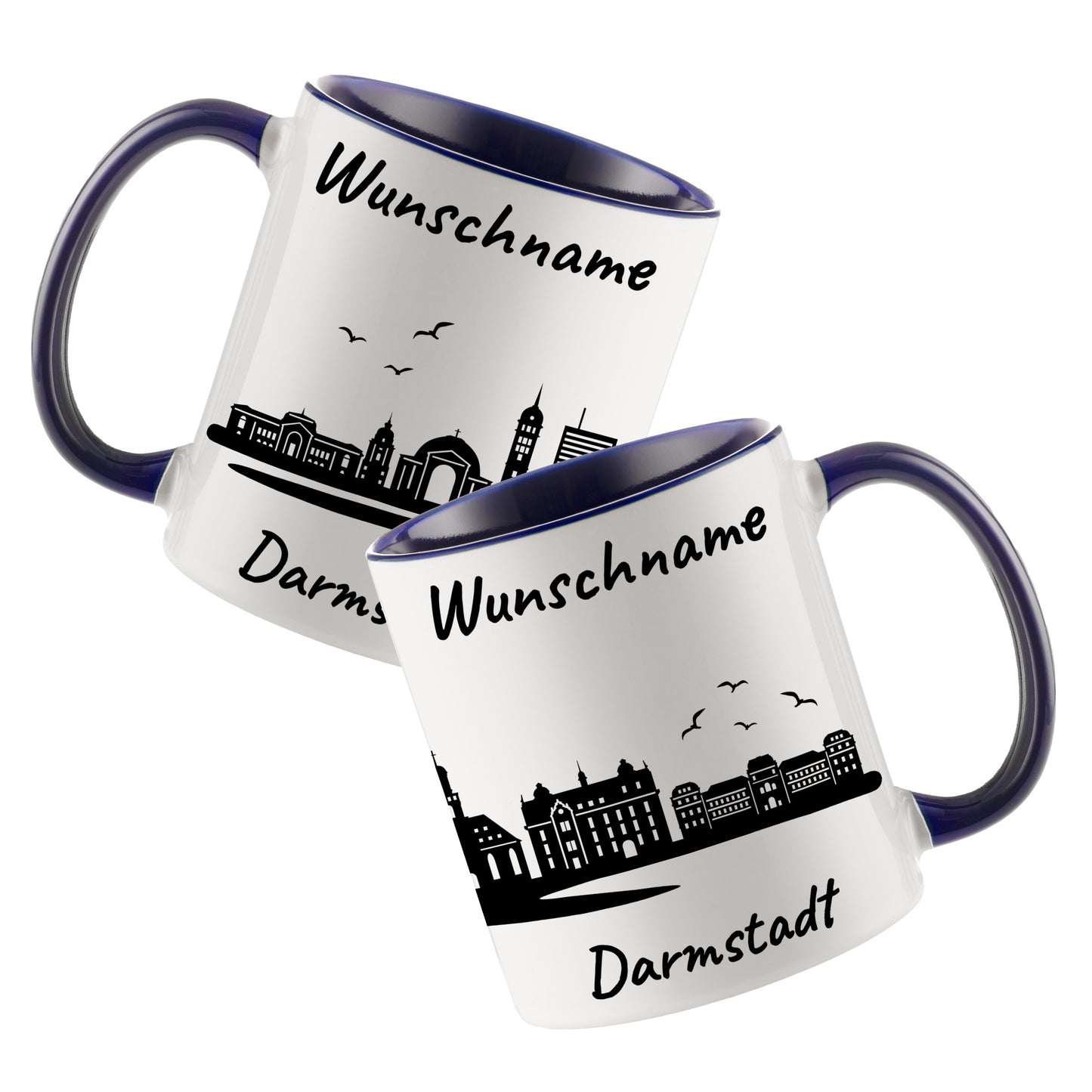 Tasse in Dunkelblau 330ml bedruckt mit der Skyline von Darmstadt personalisierbar mit Wunschname