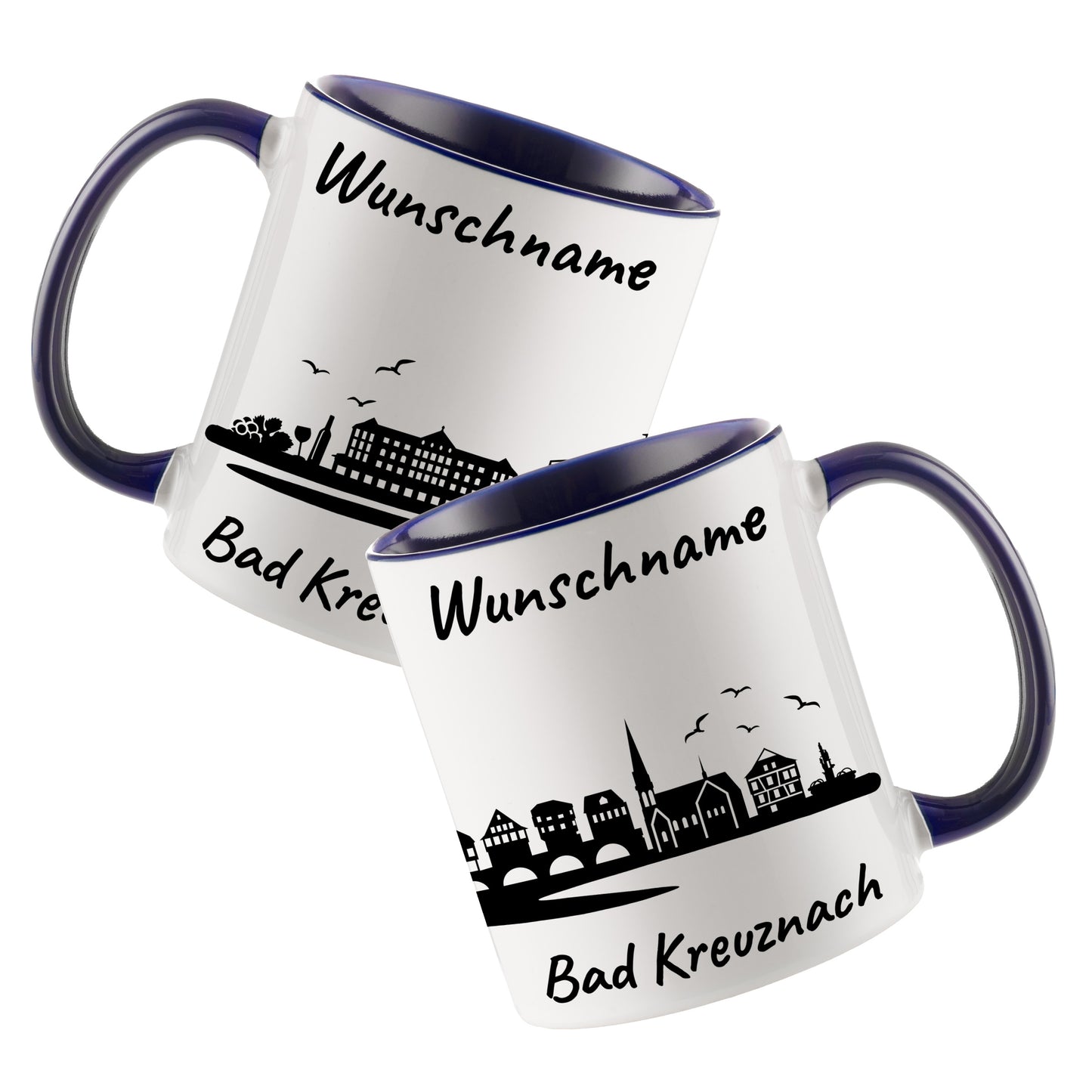 Tasse in Dunkelblau 330ml bedruckt mit der Skyline von Bad Kreuznach personalisierbar mit Wunschname
