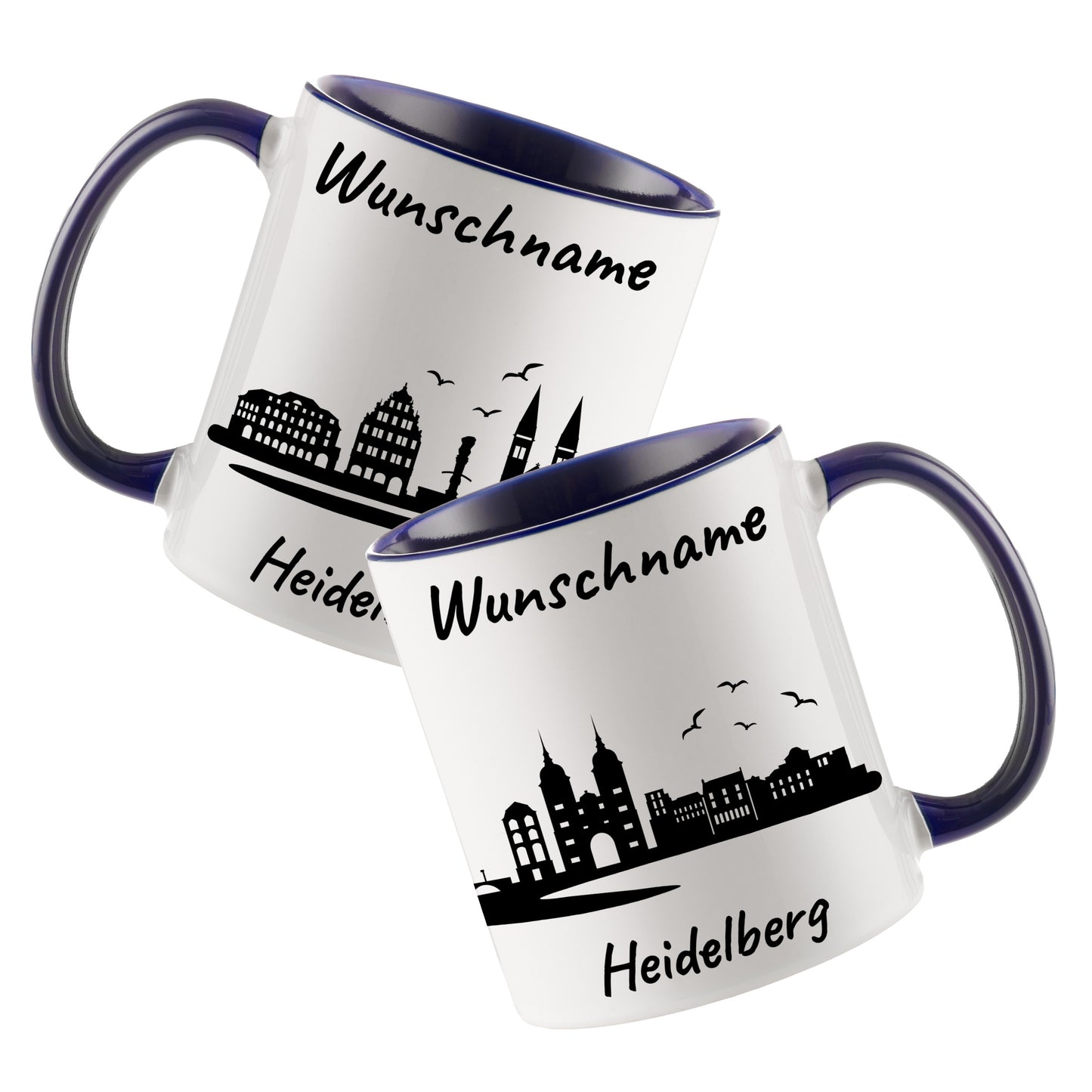 Tasse in Dunkelblau 330ml bedruckt mit der Skyline von Heidelberg personalisierbar mit Wunschname