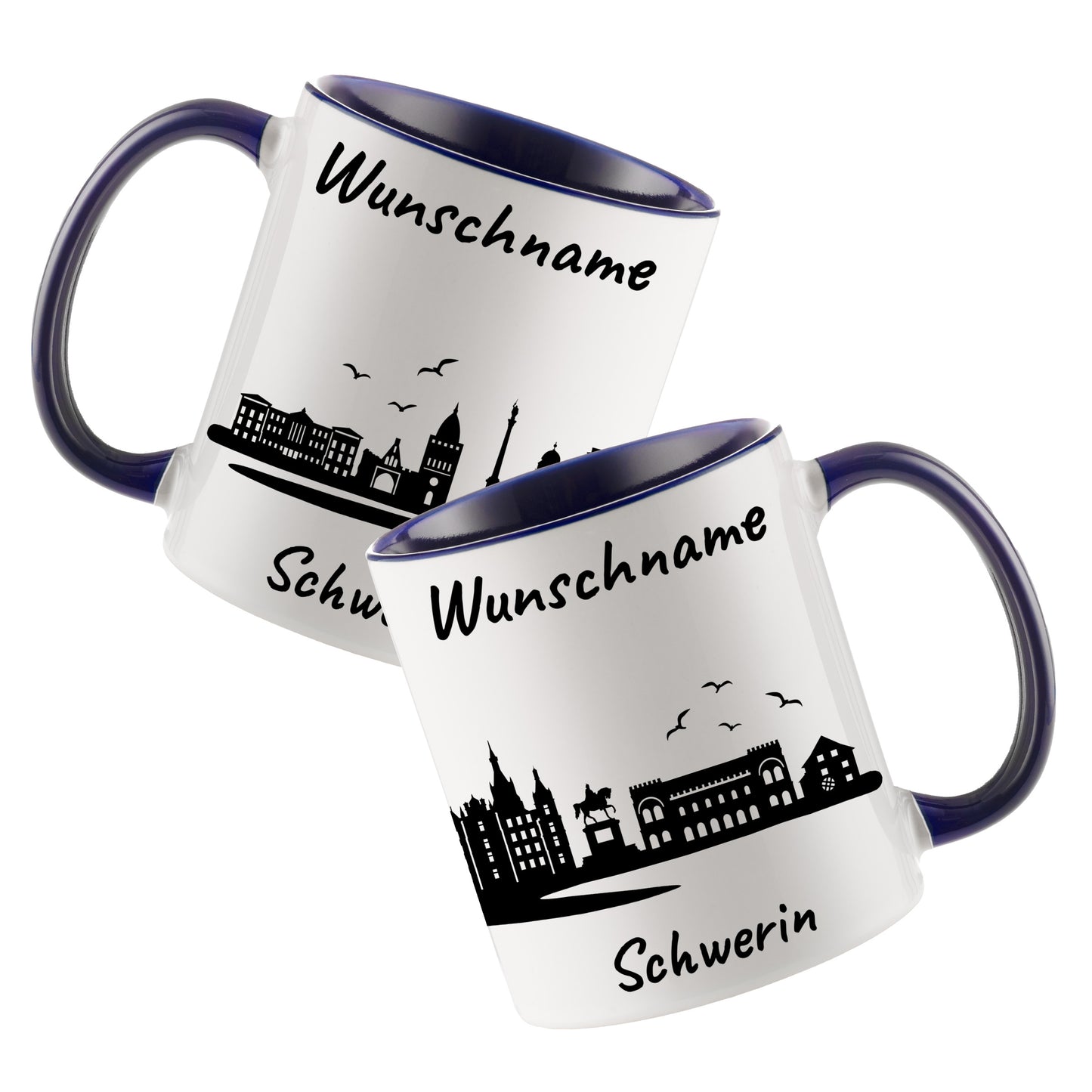 Tasse in Dunkelblau 330ml bedruckt mit der Skyline von Schwerin personalisierbar mit Wunschname