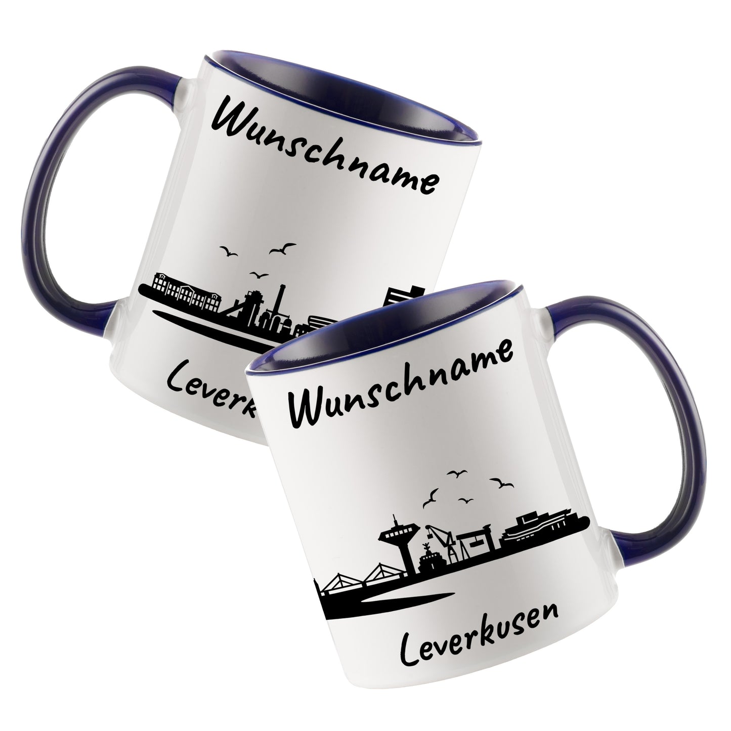 Tasse in Dunkelblau 330ml bedruckt mit der Skyline von Leverkusen personalisierbar mit Wunschname