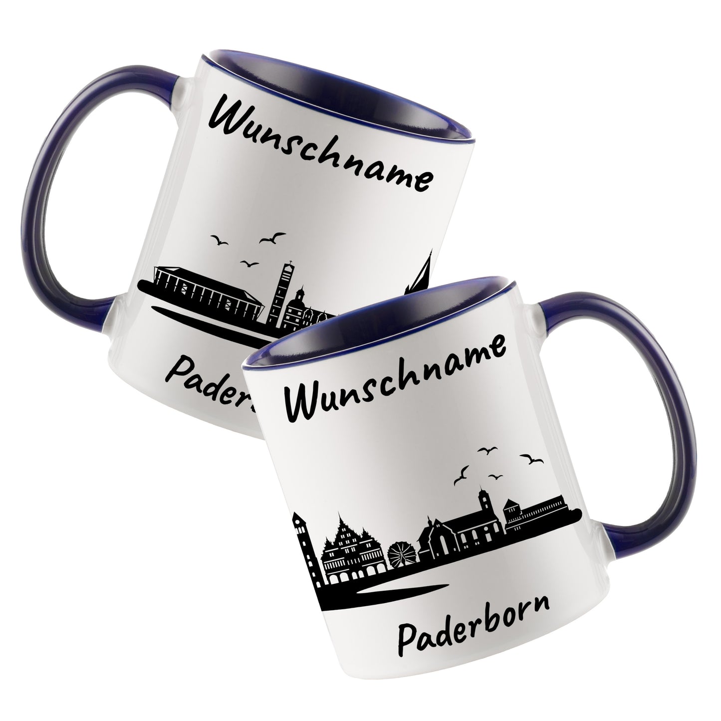 Tasse in Dunkelblau 330ml bedruckt mit der Skyline von Paderborn personalisierbar mit Wunschname