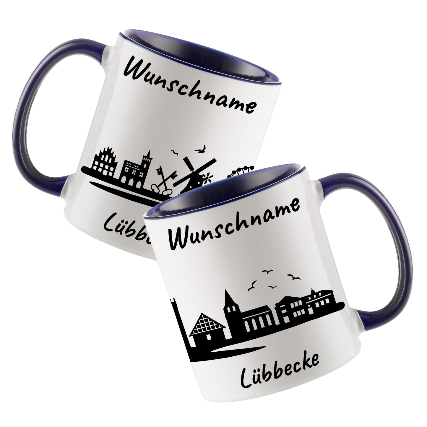 Tasse in Dunkelblau 330ml bedruckt mit der Skyline von Lübbecke personalisierbar mit Wunschname