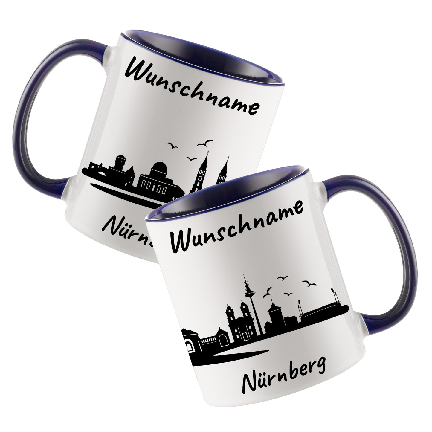 Tasse in Dunkelblau 330ml bedruckt mit der Skyline von Nürnberg personalisierbar mit Wunschname