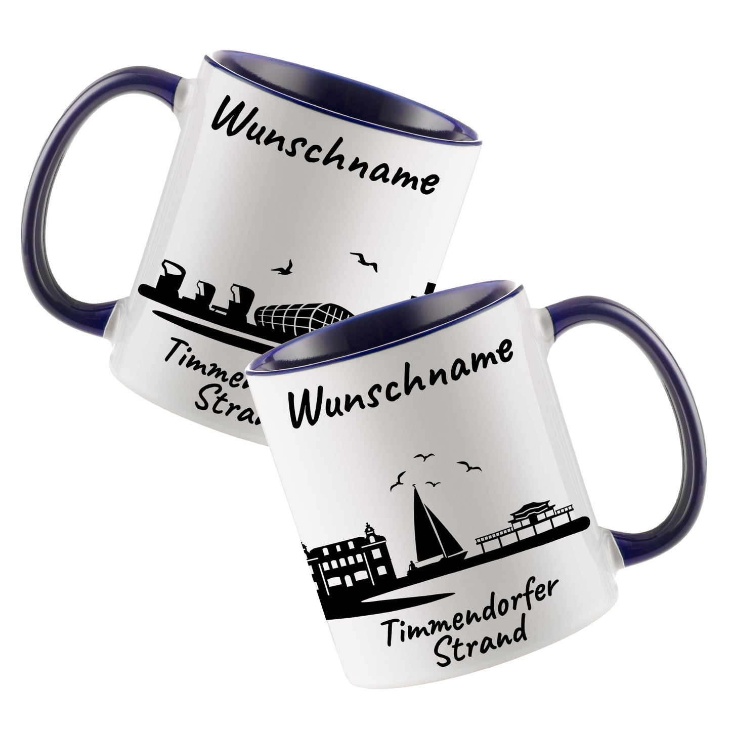 Tasse in Dunkelblau 330ml bedruckt mit der Skyline von Timmendorfer Strand personalisierbar mit Wunschname
