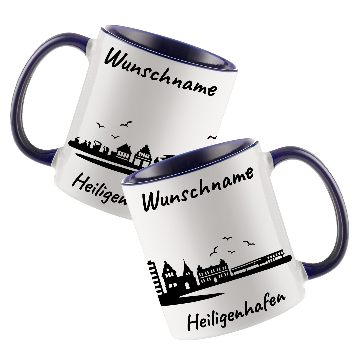 Tasse in Dunkelblau 330ml bedruckt mit der Skyline von Heiligenhafen personalisierbar mit Wunschname