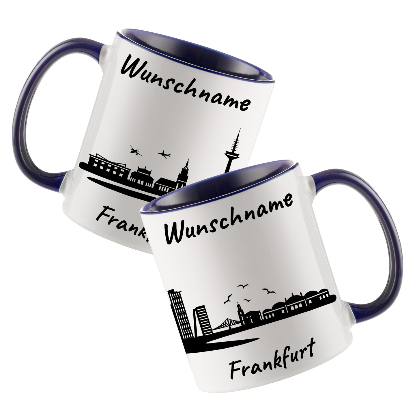 Tasse in Dunkelblau 330ml bedruckt mit der Skyline von Frankfurt personalisierbar mit Wunschname