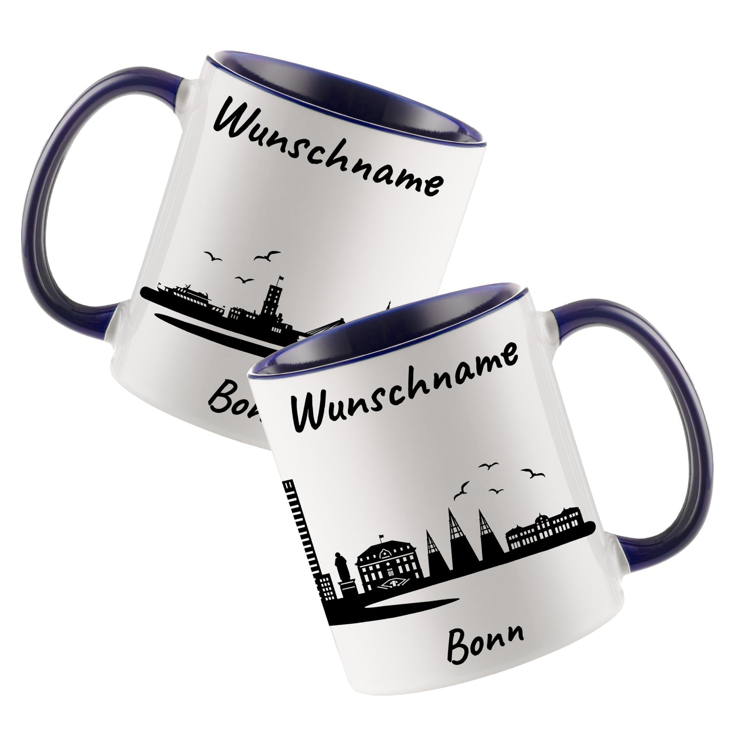 Tasse in Dunkelblau 330ml bedruckt mit der Skyline von Bonn personalisierbar mit Wunschname