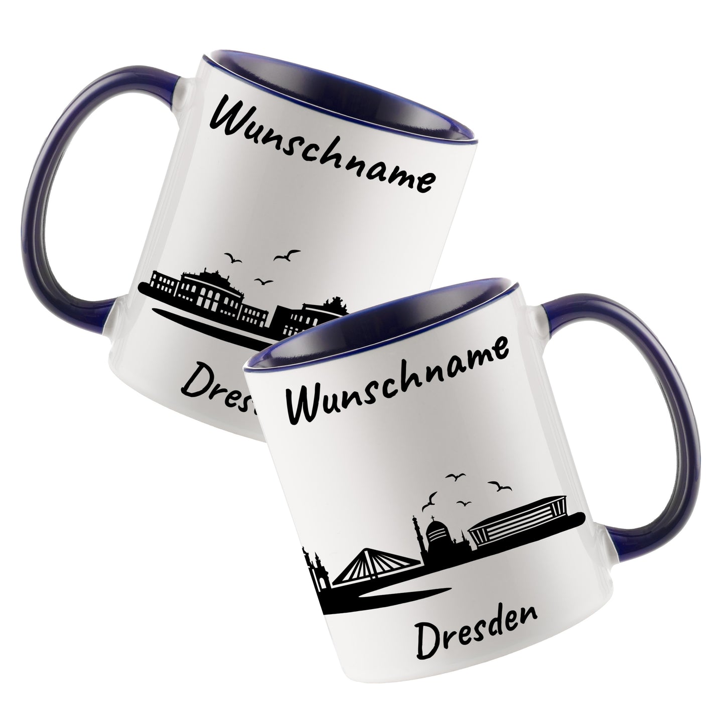 Tasse in Dunkelblau 330ml bedruckt mit der Skyline von Dresden personalisierbar mit Wunschname