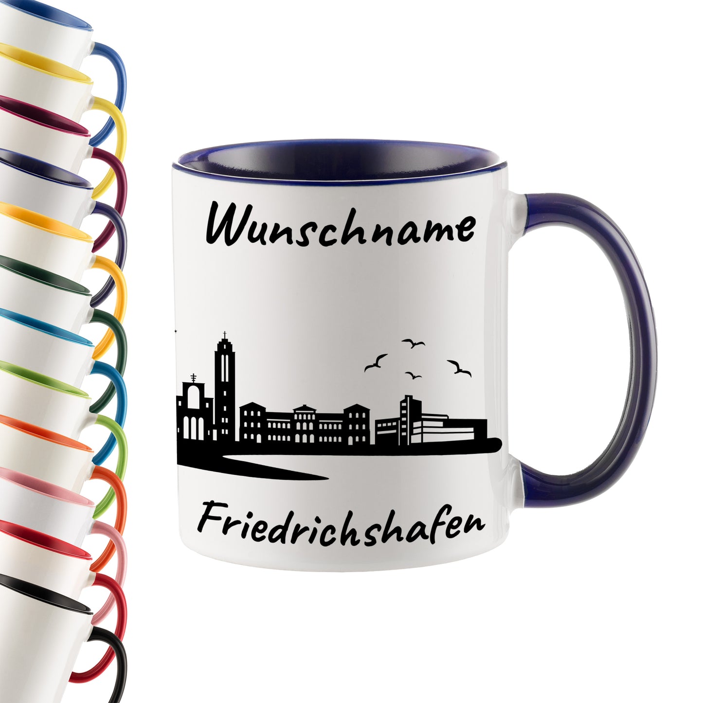 Tasse in Dunkelblau 330ml bedruckt mit der Skyline von Friedrichshafen personalisierbar mit Wunschname