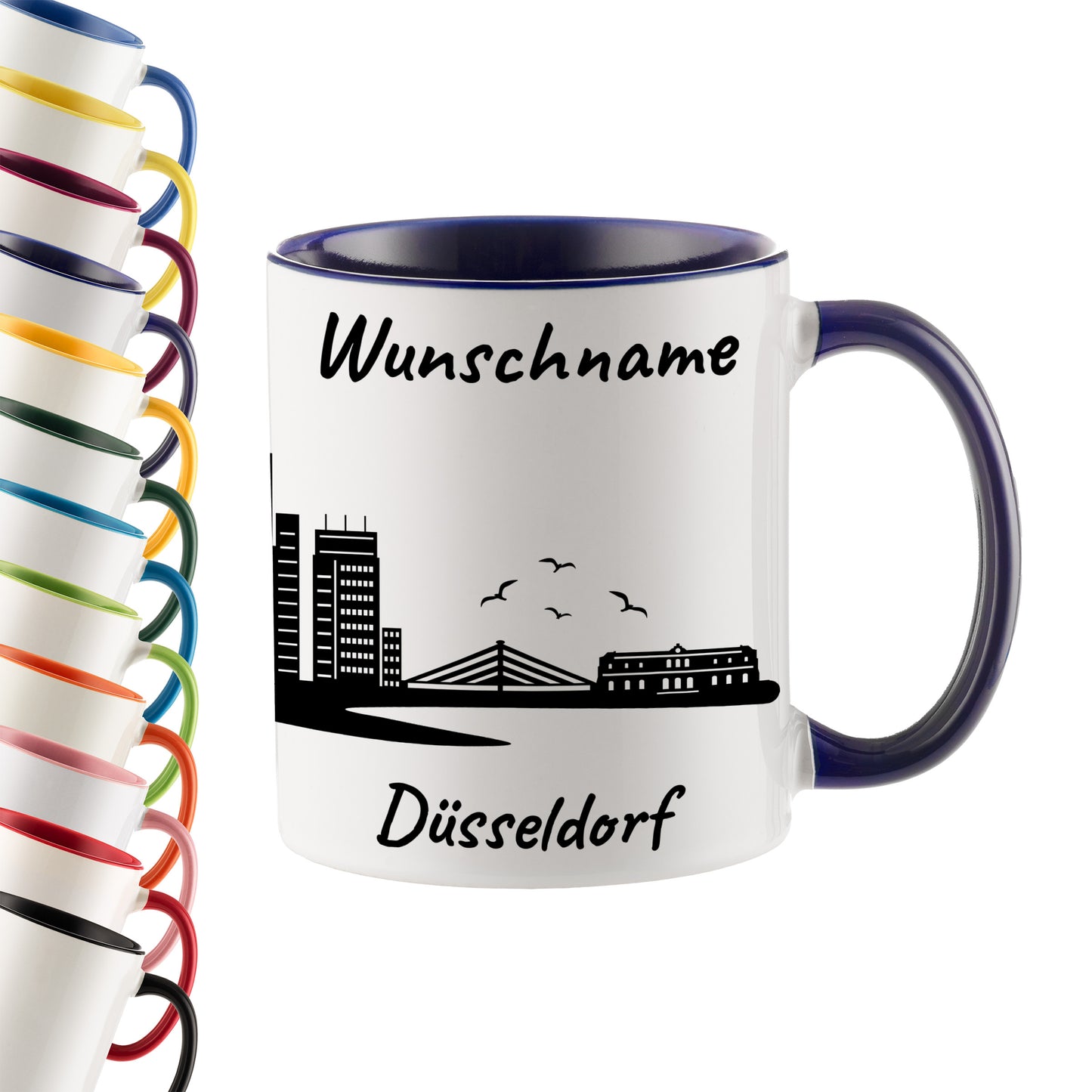 Tasse in Dunkelblau 330ml bedruckt mit der Skyline von Düsseldorf personalisierbar mit Wunschname