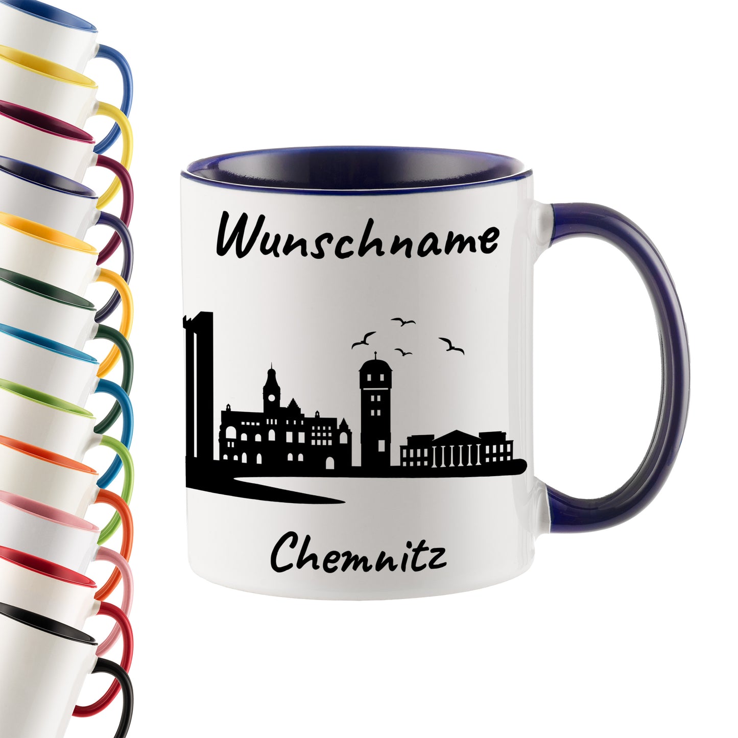 Tasse in Dunkelblau 330ml bedruckt mit der Skyline von Chemnitz personalisierbar mit Wunschname