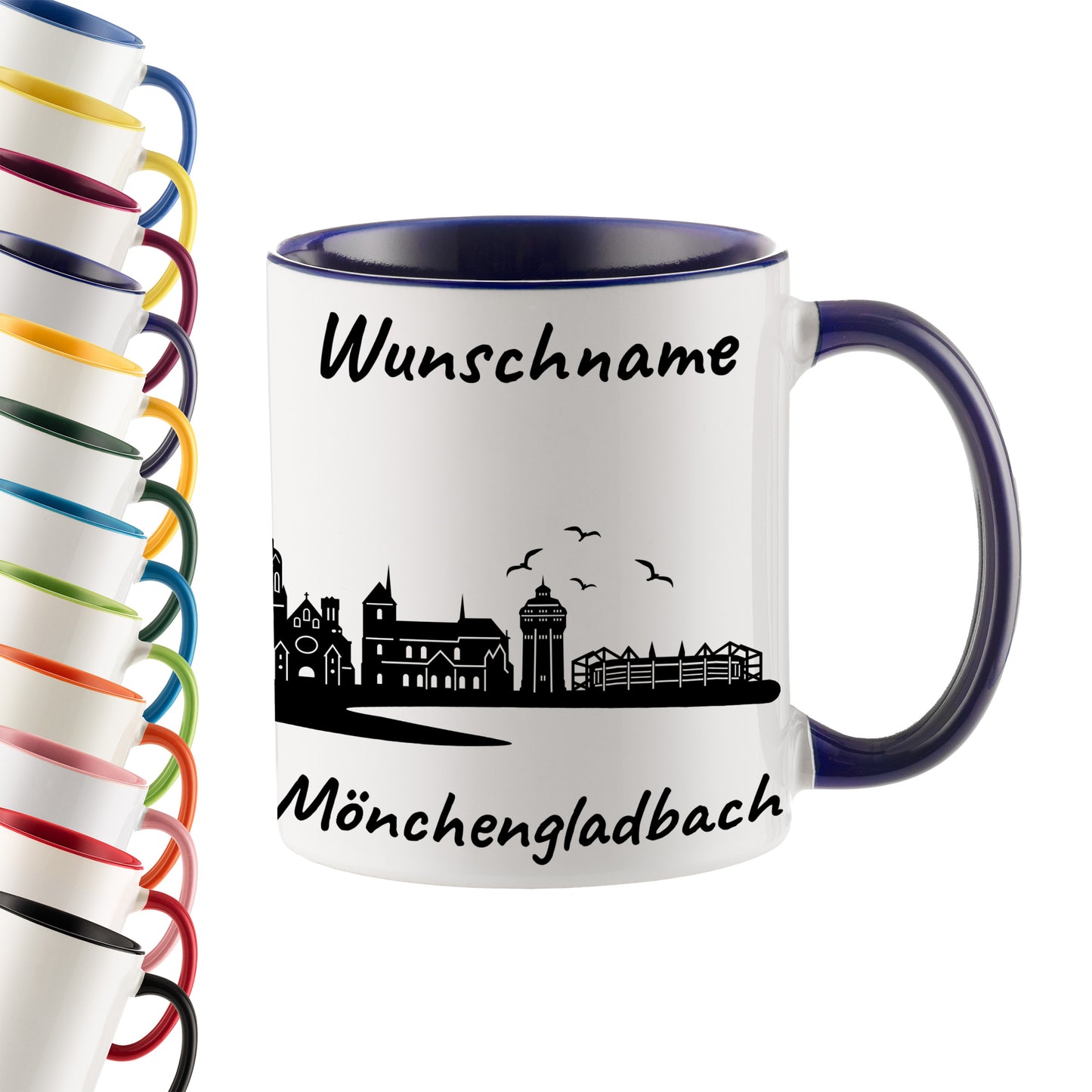 Tasse in Dunkelblau 330ml bedruckt mit der Skyline von Mönchengladbach personalisierbar mit Wunschname