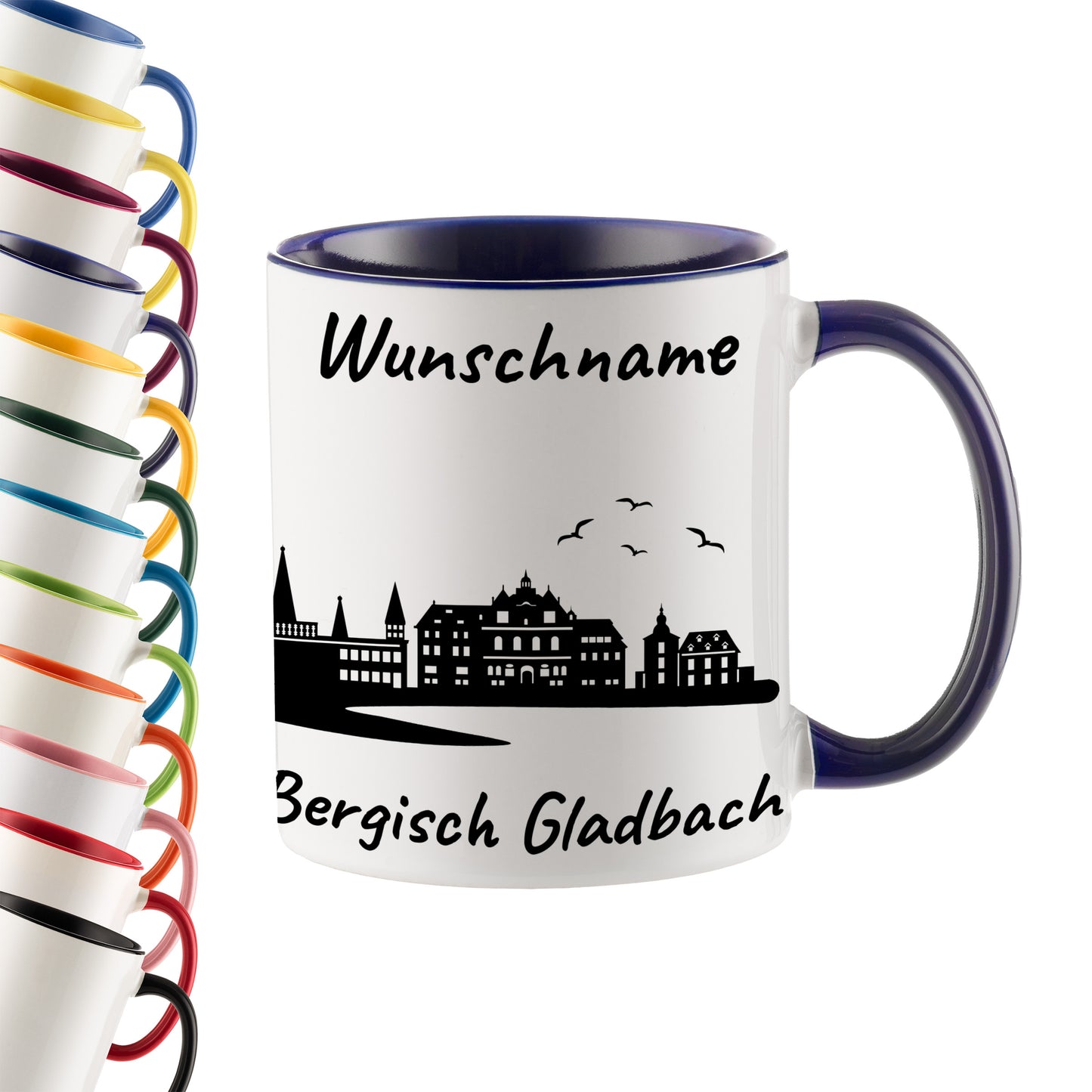 Tasse in Dunkelblau 330ml bedruckt mit der Skyline von Bergisch Gladbach personalisierbar mit Wunschname