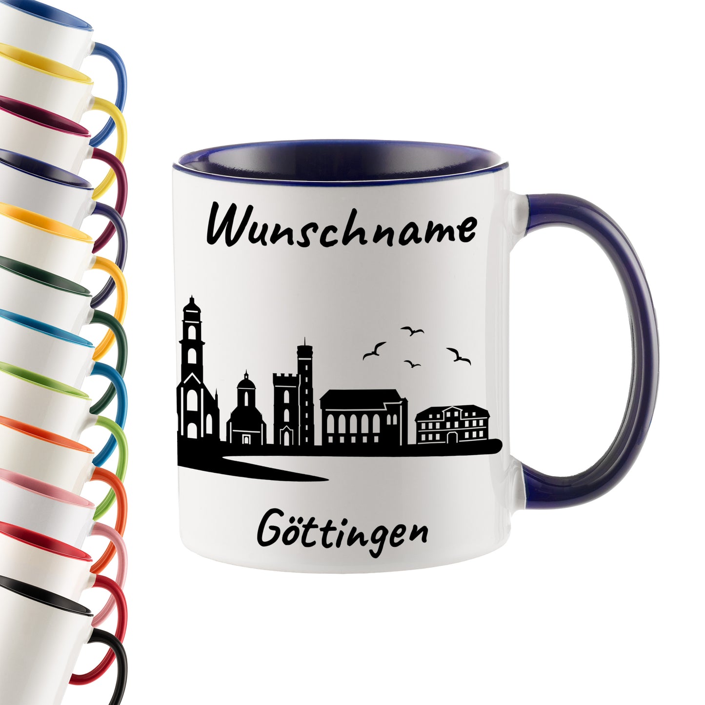 Tasse in Dunkelblau 330ml bedruckt mit der Skyline von Göttingen personalisierbar mit Wunschname