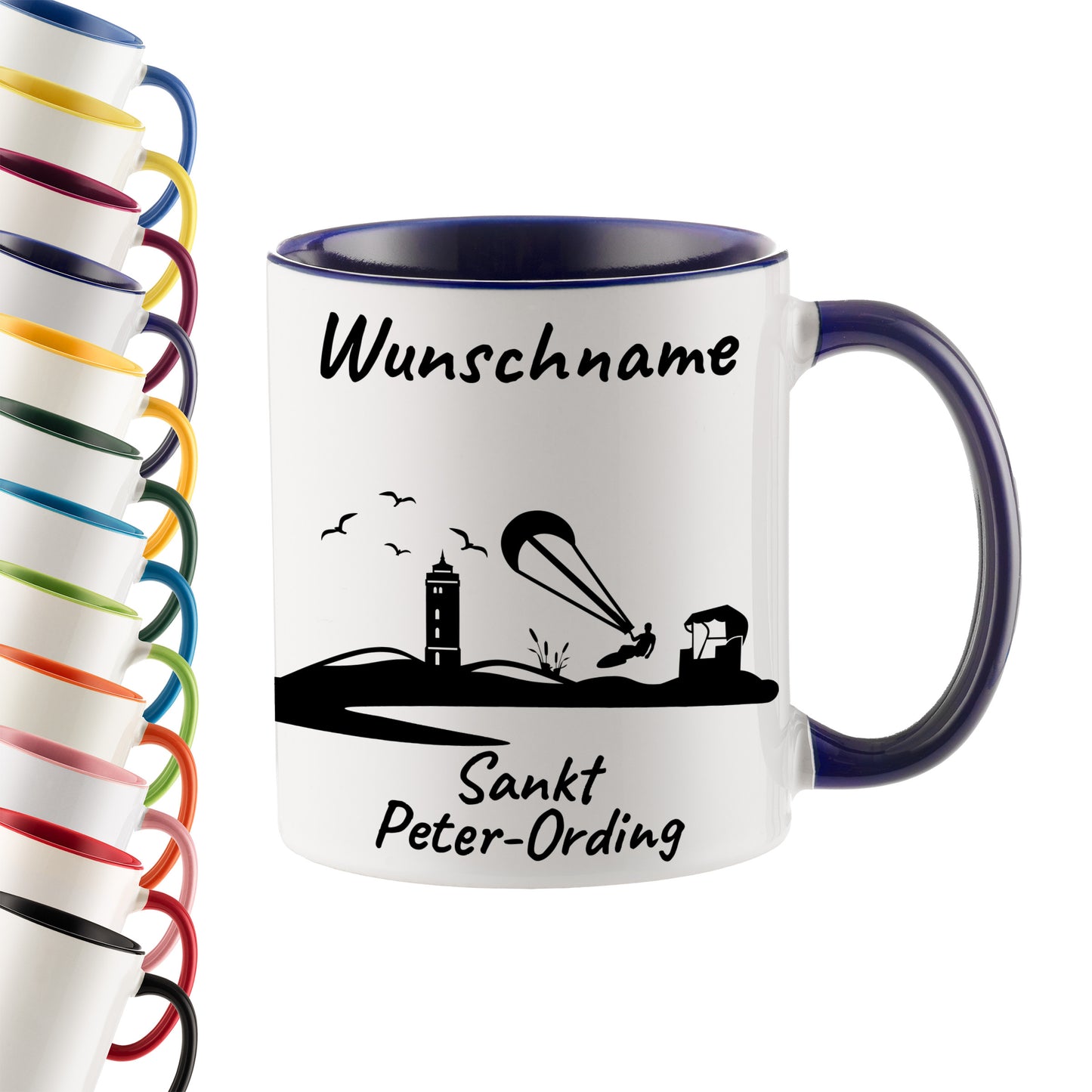 Tasse in Dunkelblau 330ml bedruckt mit der Skyline von Sankt Peter-Ording personalisierbar mit Wunschname