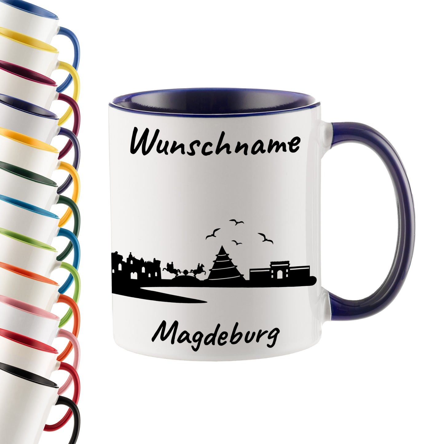 Tasse in Dunkelblau 330ml bedruckt mit der Skyline von Magdeburg personalisierbar mit Wunschname