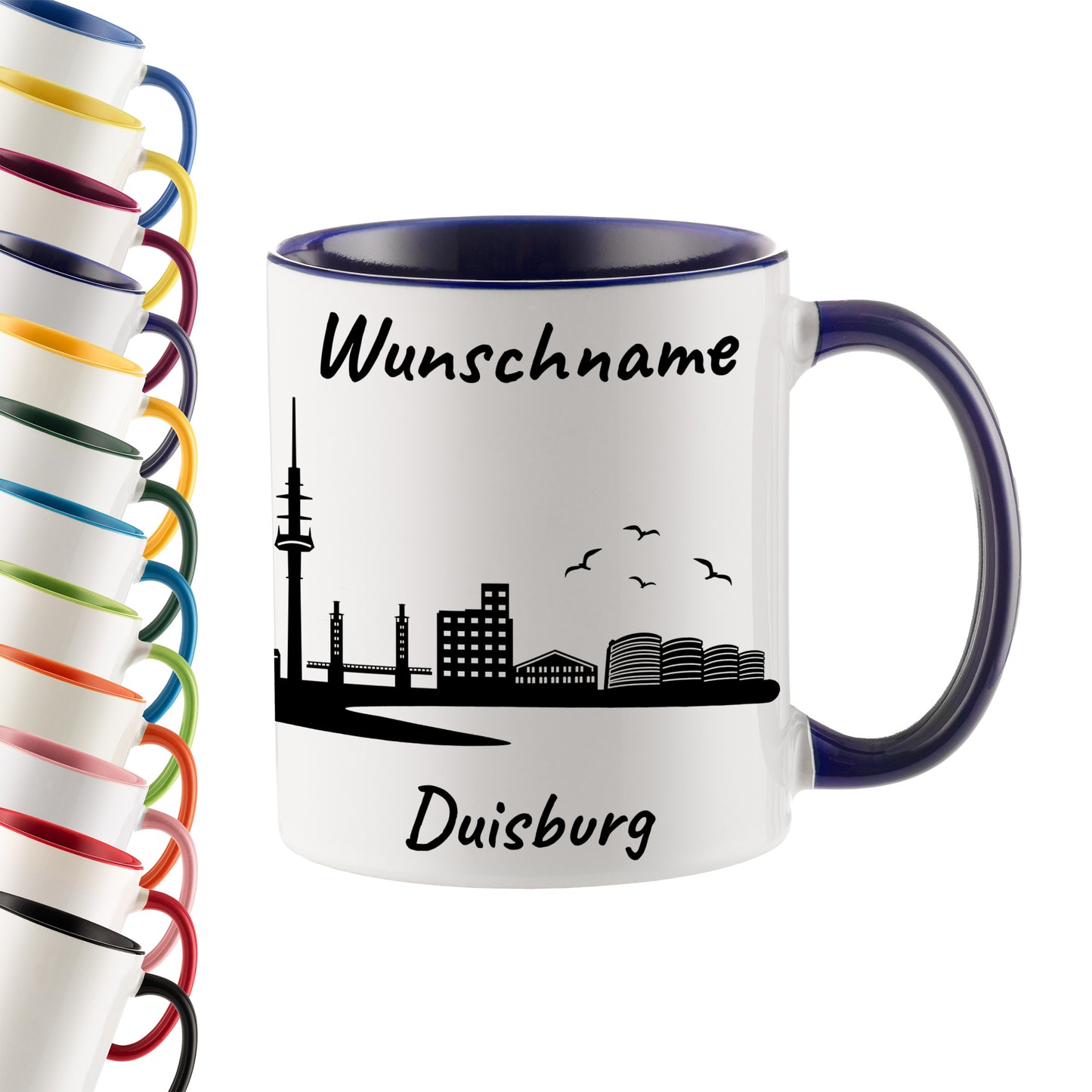 Tasse in Dunkelblau 330ml bedruckt mit der Skyline von Duisburg personalisierbar mit Wunschname