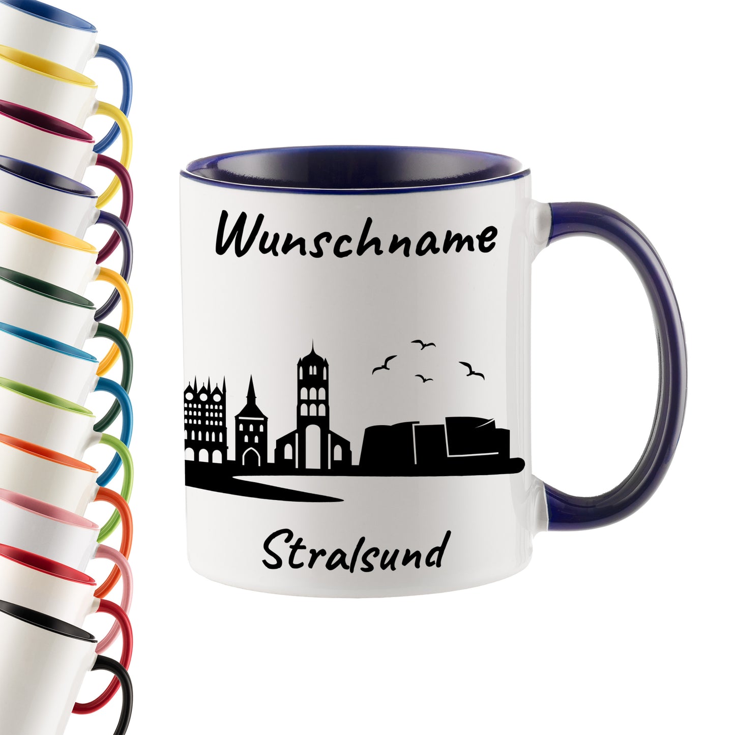 Tasse in Dunkelblau 330ml bedruckt mit der Skyline von Stralsund personalisierbar mit Wunschname