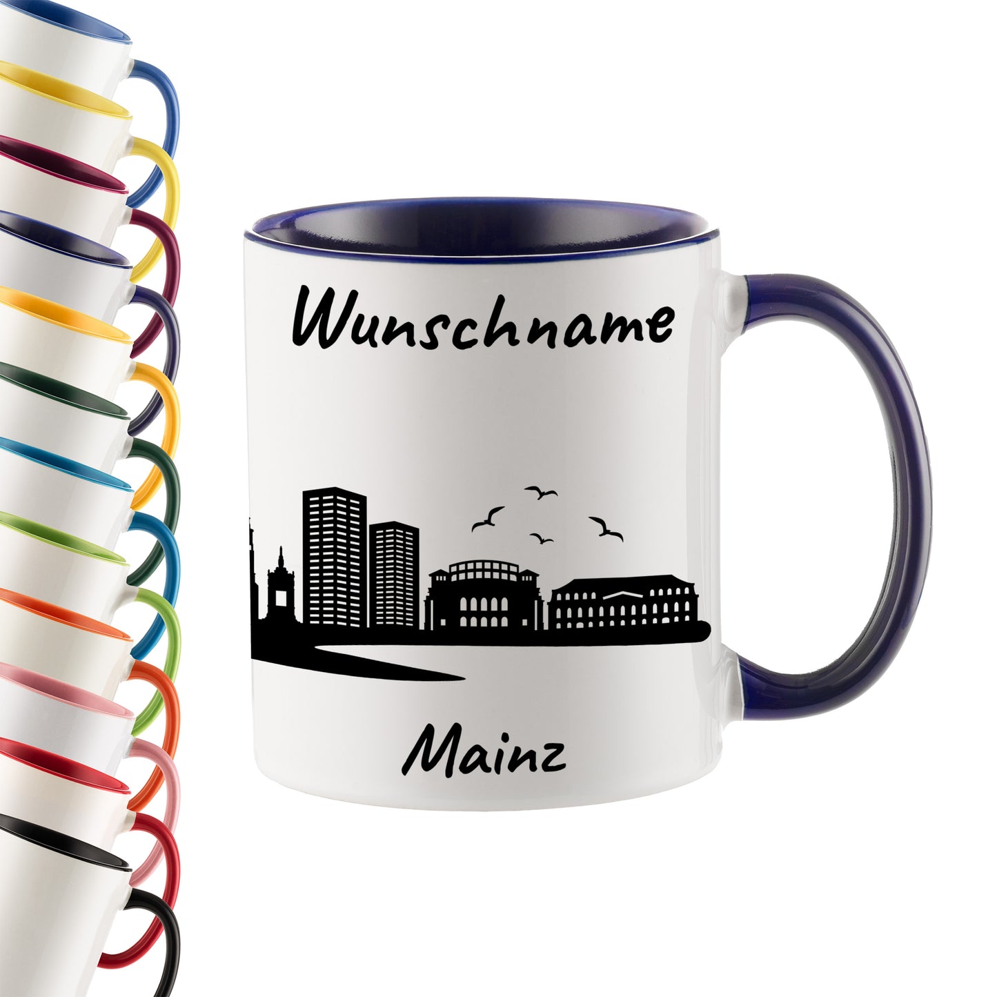 Tasse in Dunkelblau 330ml bedruckt mit der Skyline von Mainz personalisierbar mit Wunschname