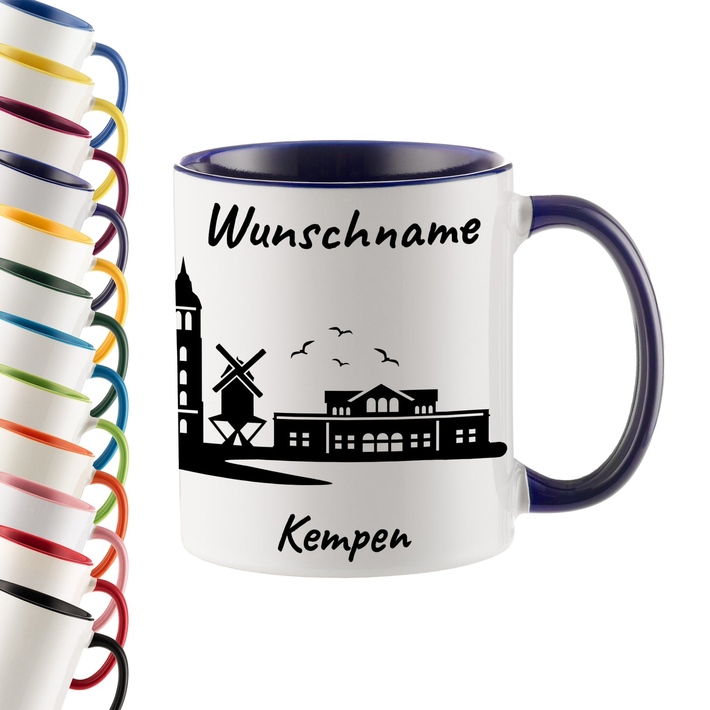 Tasse in Dunkelblau 330ml bedruckt mit der Skyline von Kempen personalisierbar mit Wunschname