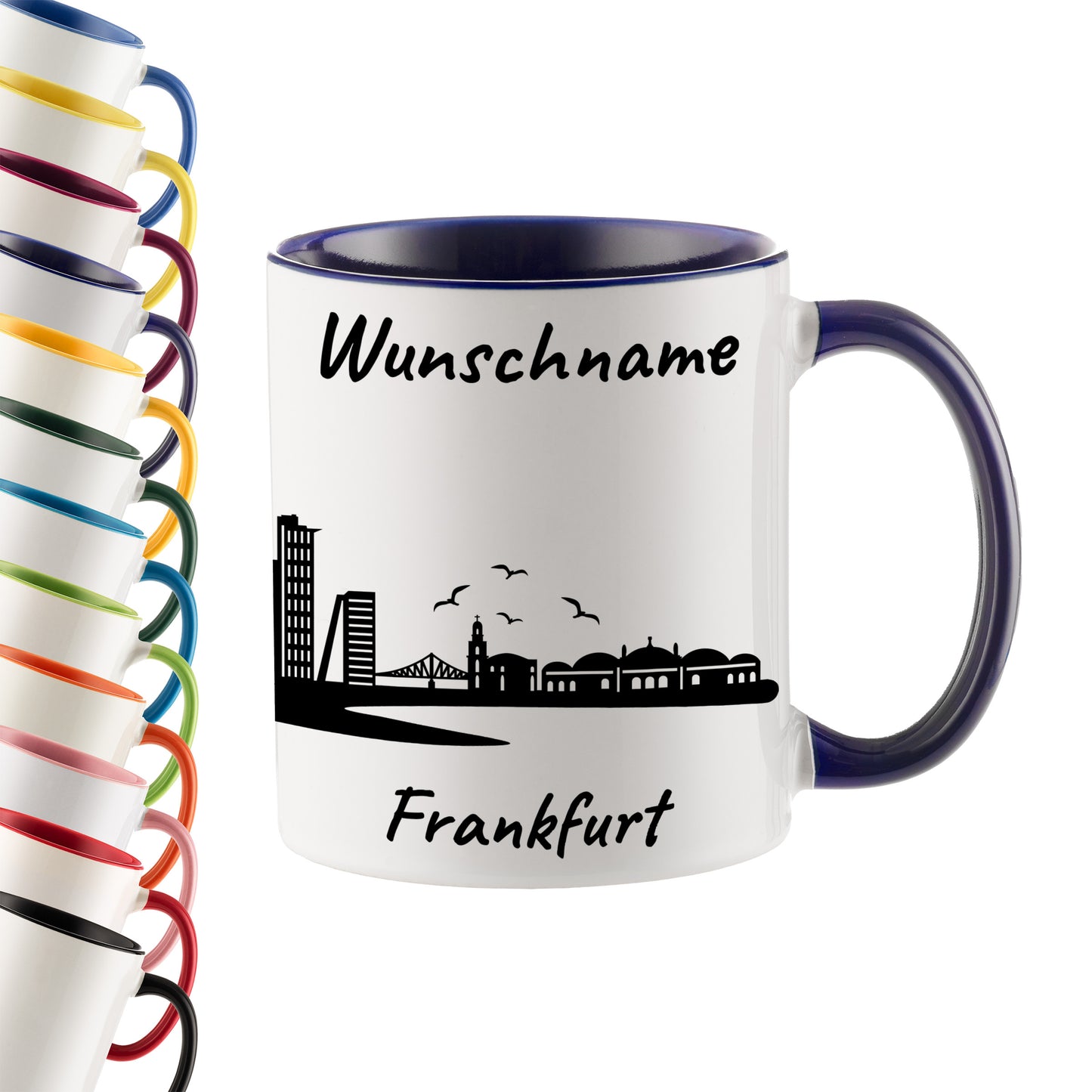 Tasse in Dunkelblau 330ml bedruckt mit der Skyline von Frankfurt personalisierbar mit Wunschname