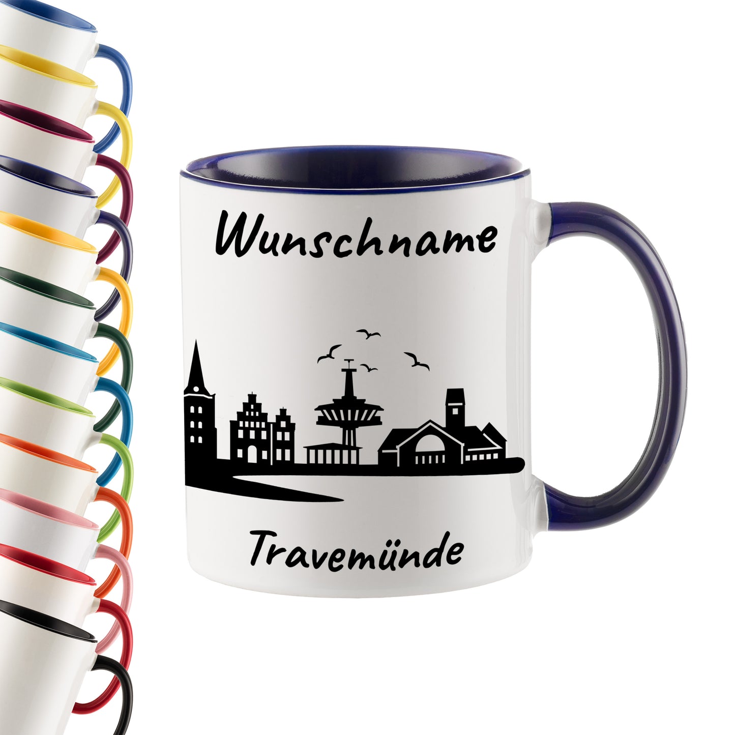 Tasse in Dunkelblau 330ml bedruckt mit der Skyline von Travemünde personalisierbar mit Wunschname