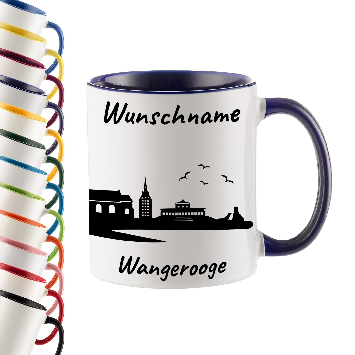 Tasse in Dunkelblau 330ml bedruckt mit der Skyline von Wangerooge personalisierbar mit Wunschname