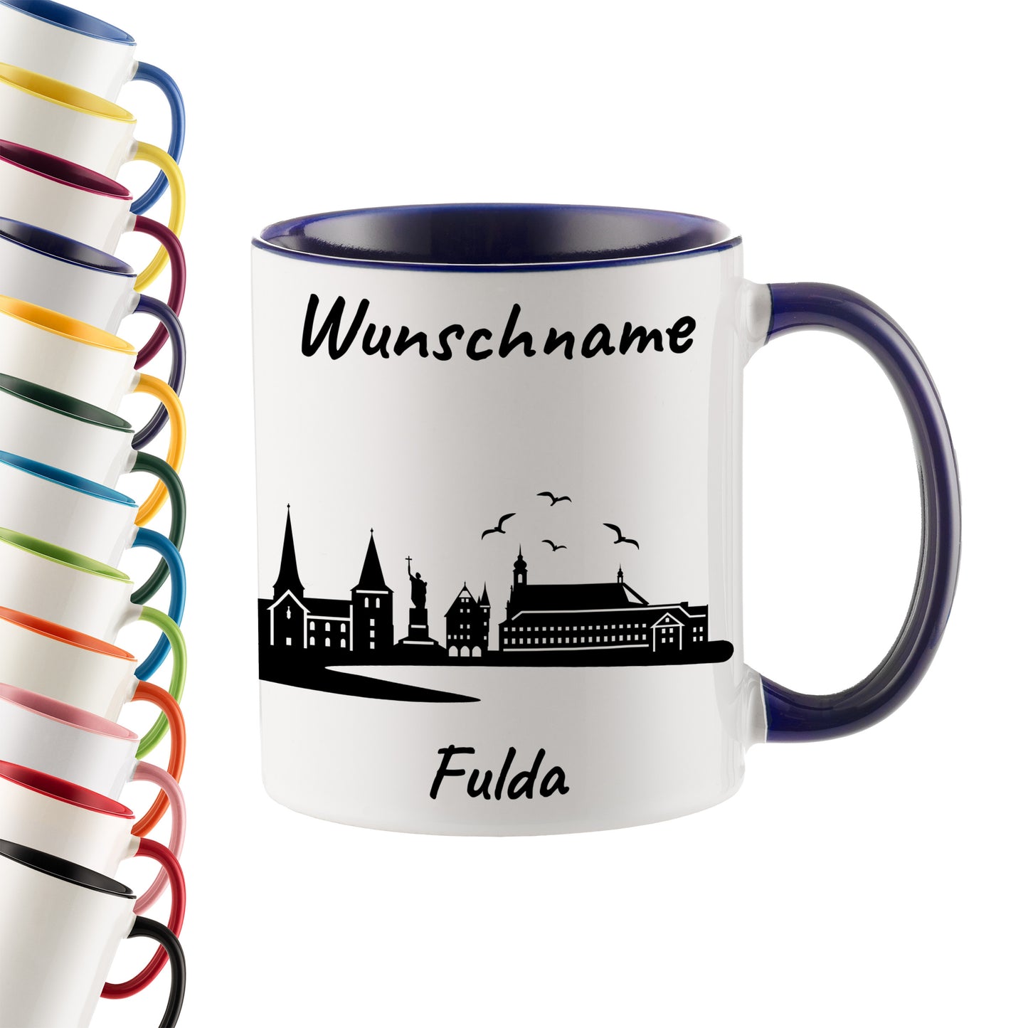 Tasse in Dunkelblau 330ml bedruckt mit der Skyline von Fulda personalisierbar mit Wunschname