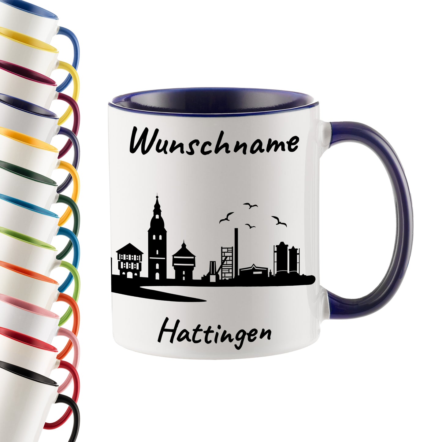 Tasse in Dunkelblau 330ml bedruckt mit der Skyline von Hattingen personalisierbar mit Wunschname