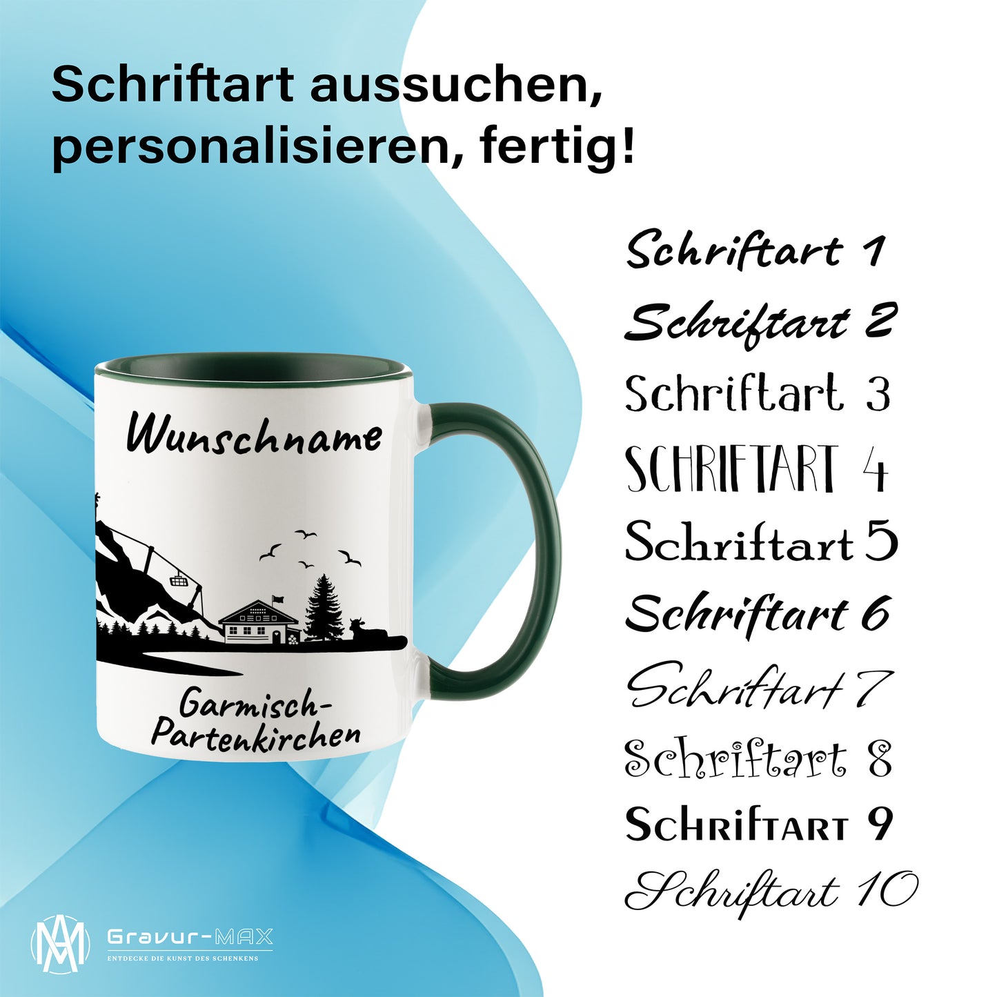 Tasse in Dunkelgrün 330ml bedruckt mit der Skyline von Garmisch-Partenkirchen personalisierbar mit Wunschname