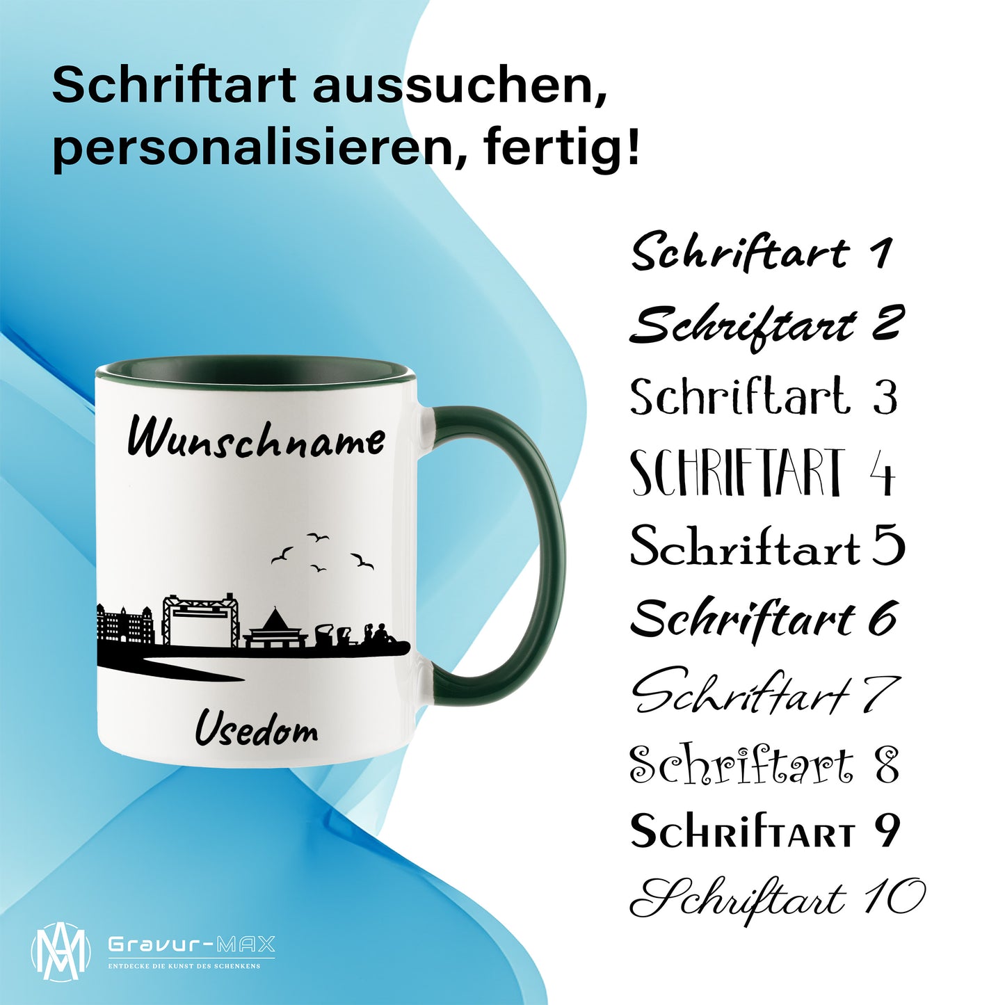 Tasse in Dunkelgrün 330ml bedruckt mit der Skyline von Usedom personalisierbar mit Wunschname