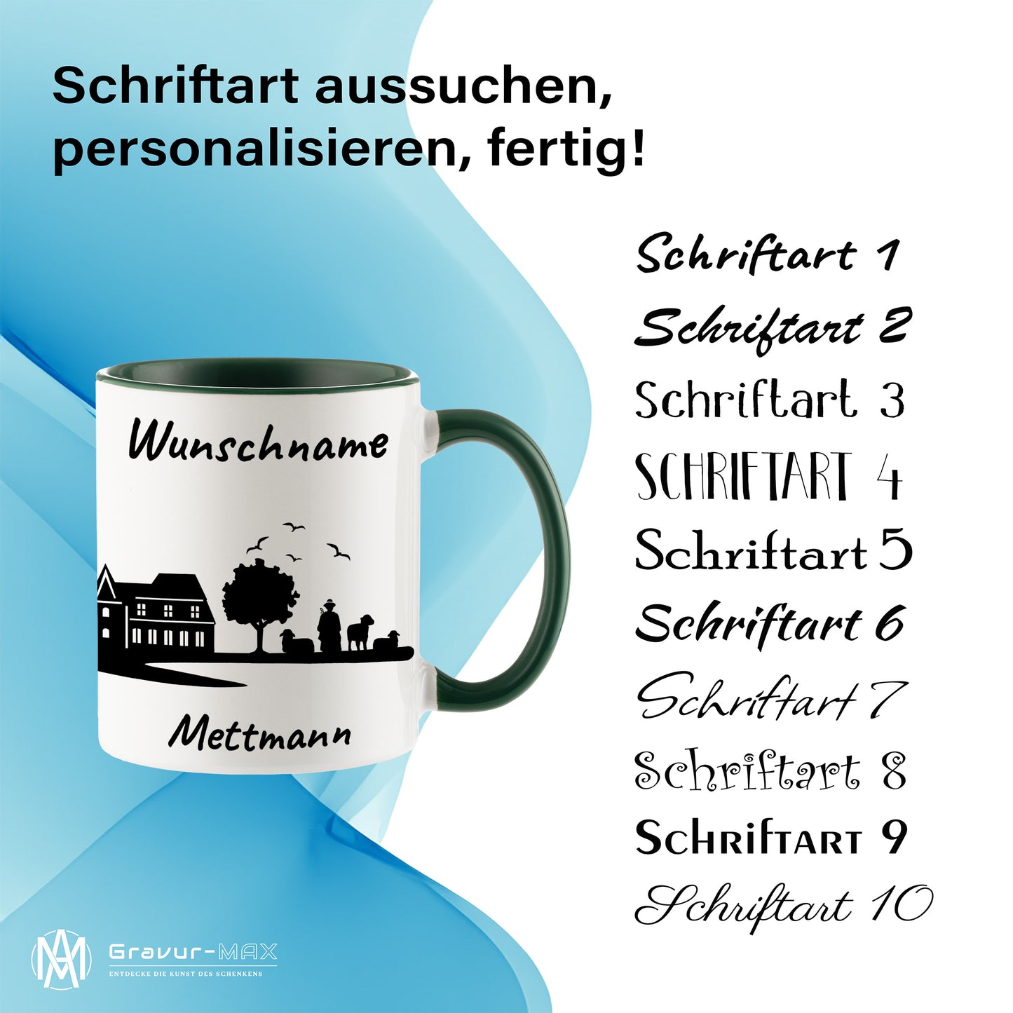 Tasse in Dunkelgrün 330ml bedruckt mit der Skyline von Mettmann personalisierbar mit Wunschname