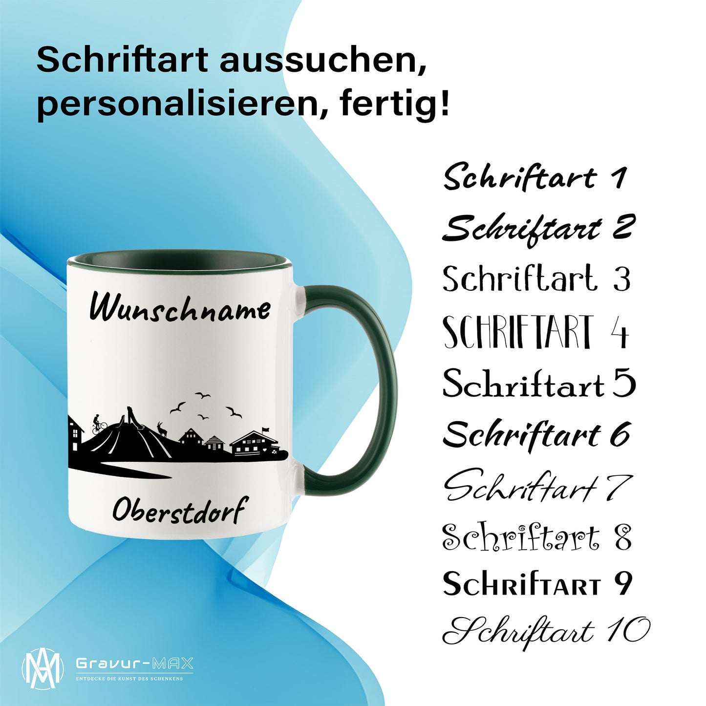 Tasse in Dunkelgrün 330ml bedruckt mit der Skyline von Oberstdorf personalisierbar mit Wunschname