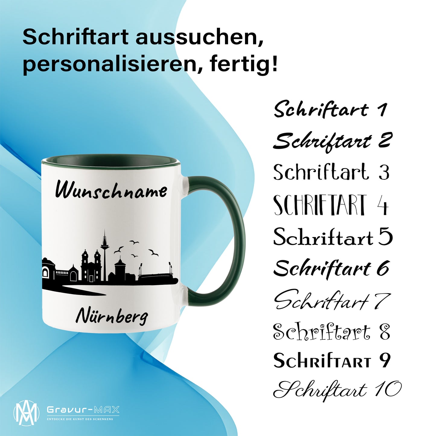Tasse in Dunkelgrün 330ml bedruckt mit der Skyline von Nürnberg personalisierbar mit Wunschname