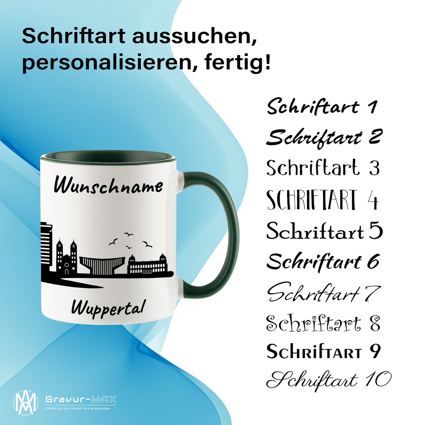 Tasse in Dunkelgrün 330ml bedruckt mit der Skyline von Wuppertal personalisierbar mit Wunschname