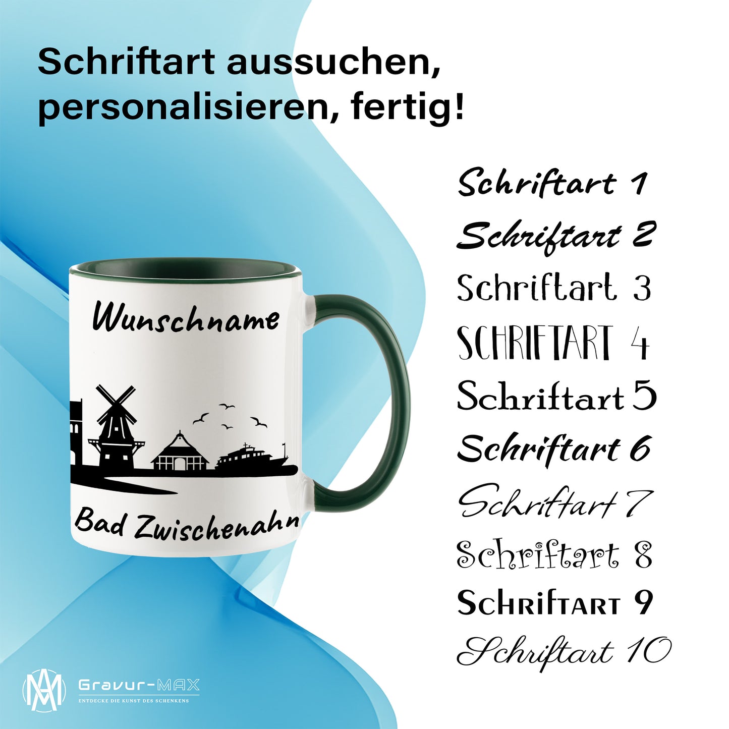 Tasse in Dunkelgrün 330ml bedruckt mit der Skyline von Bad Zwischenahn personalisierbar mit Wunschname