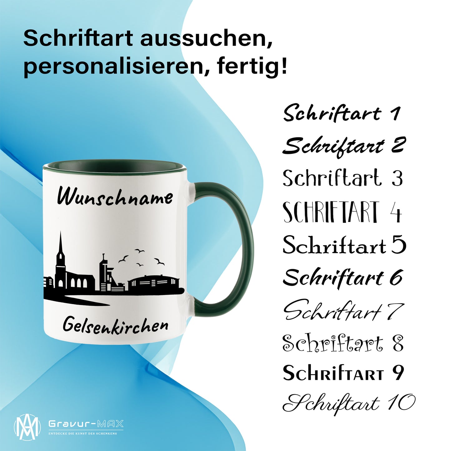 Tasse in Dunkelgrün 330ml bedruckt mit der Skyline von Gelsenkirchen personalisierbar mit Wunschname
