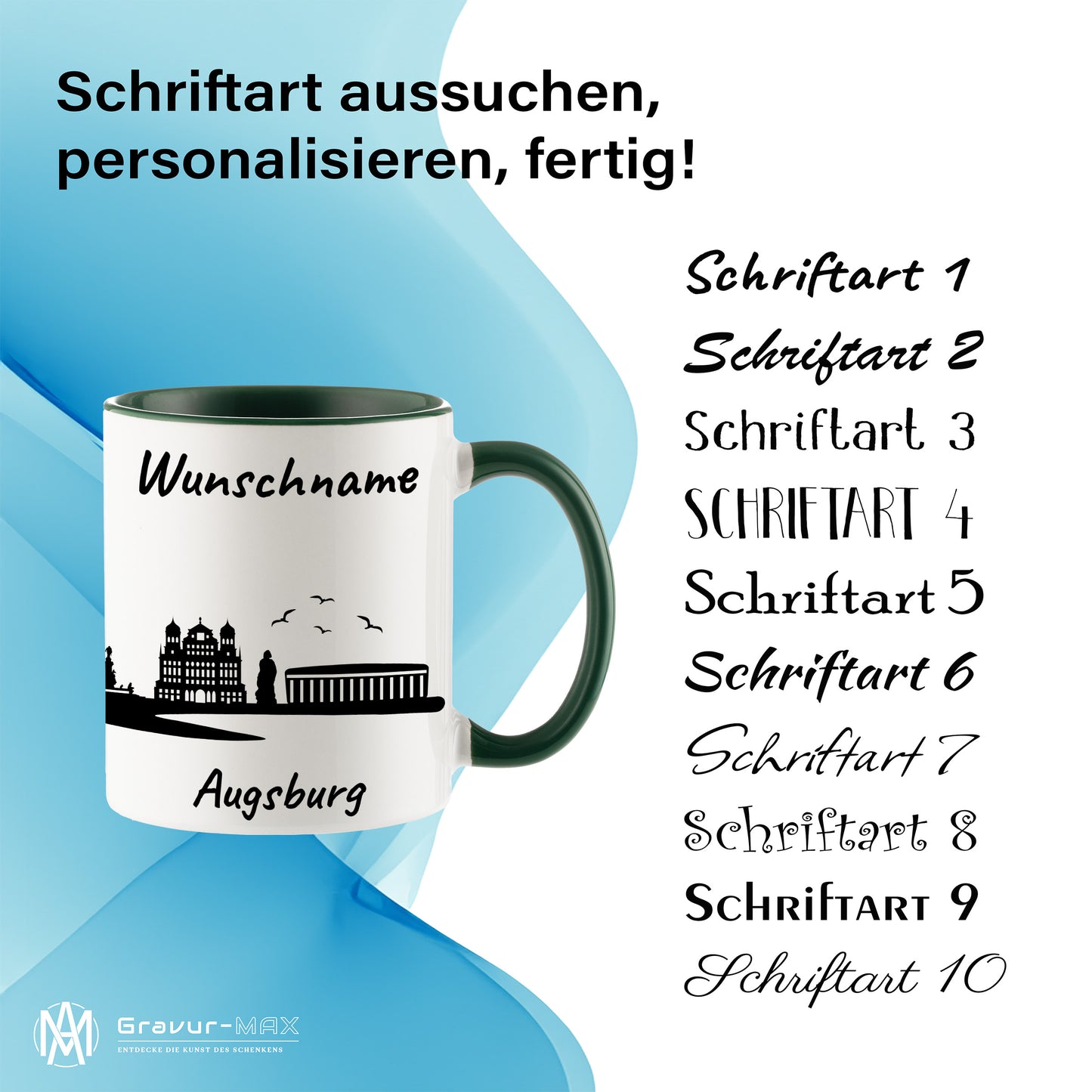 Tasse in Dunkelgrün 330ml bedruckt mit der Skyline von Augsburg personalisierbar mit Wunschname