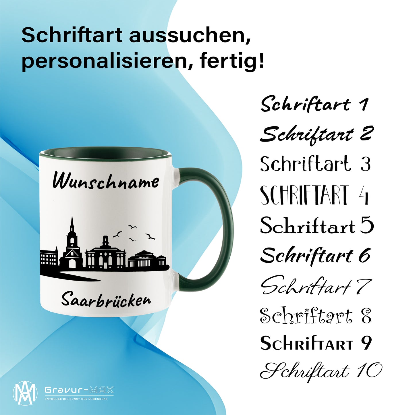 Tasse in Dunkelgrün 330ml bedruckt mit der Skyline von Saarbrücken personalisierbar mit Wunschname